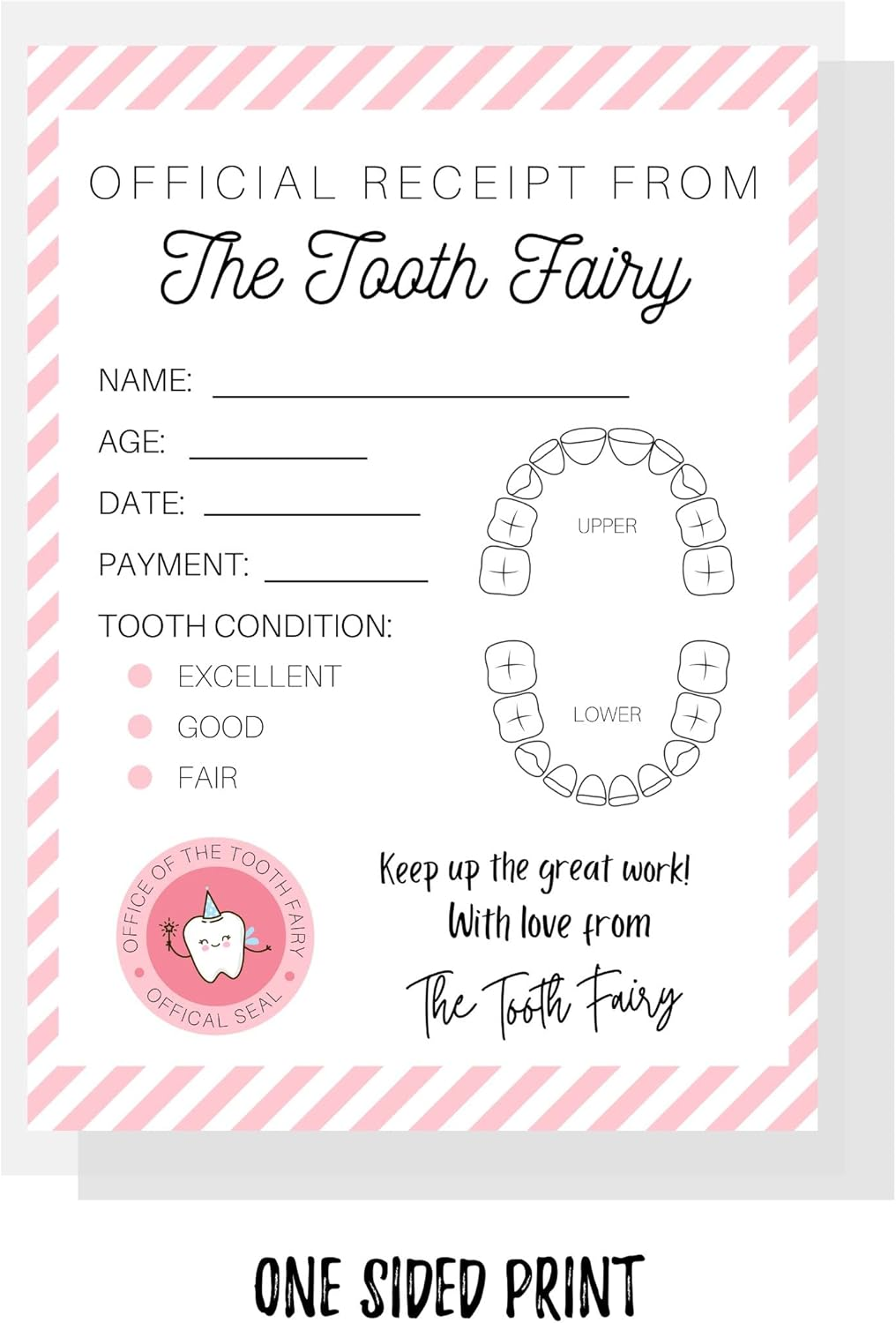 Tooth Fairy Receipt Cards with Pink Stripes | 40 Pack | 4.25X5.5" Inch Large Postcard Size Tooth Fairy Receipt for Lost Tooth Certificate for Kids to Add to Gold Coins under Pillow | White Card with Tooth Fairy Design Chart and Pink Stripes image number 2