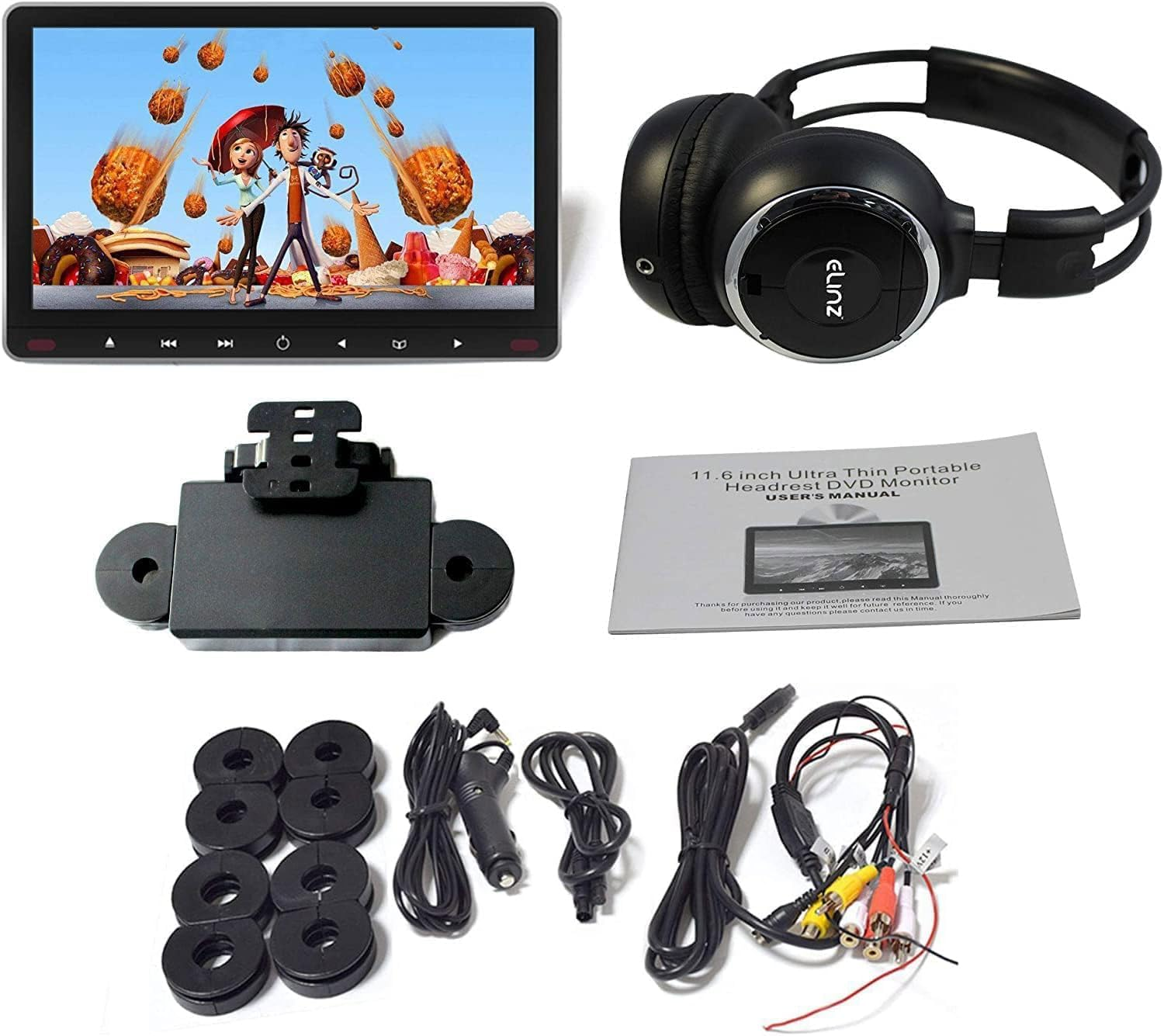 Elinz 11.6" Slim Active Car Headrest DVD Player 1080P HD Digital Monitor HDMI 9" 10", IR Headphone, Car Charger, DVD Sharing, Built-In Speakers