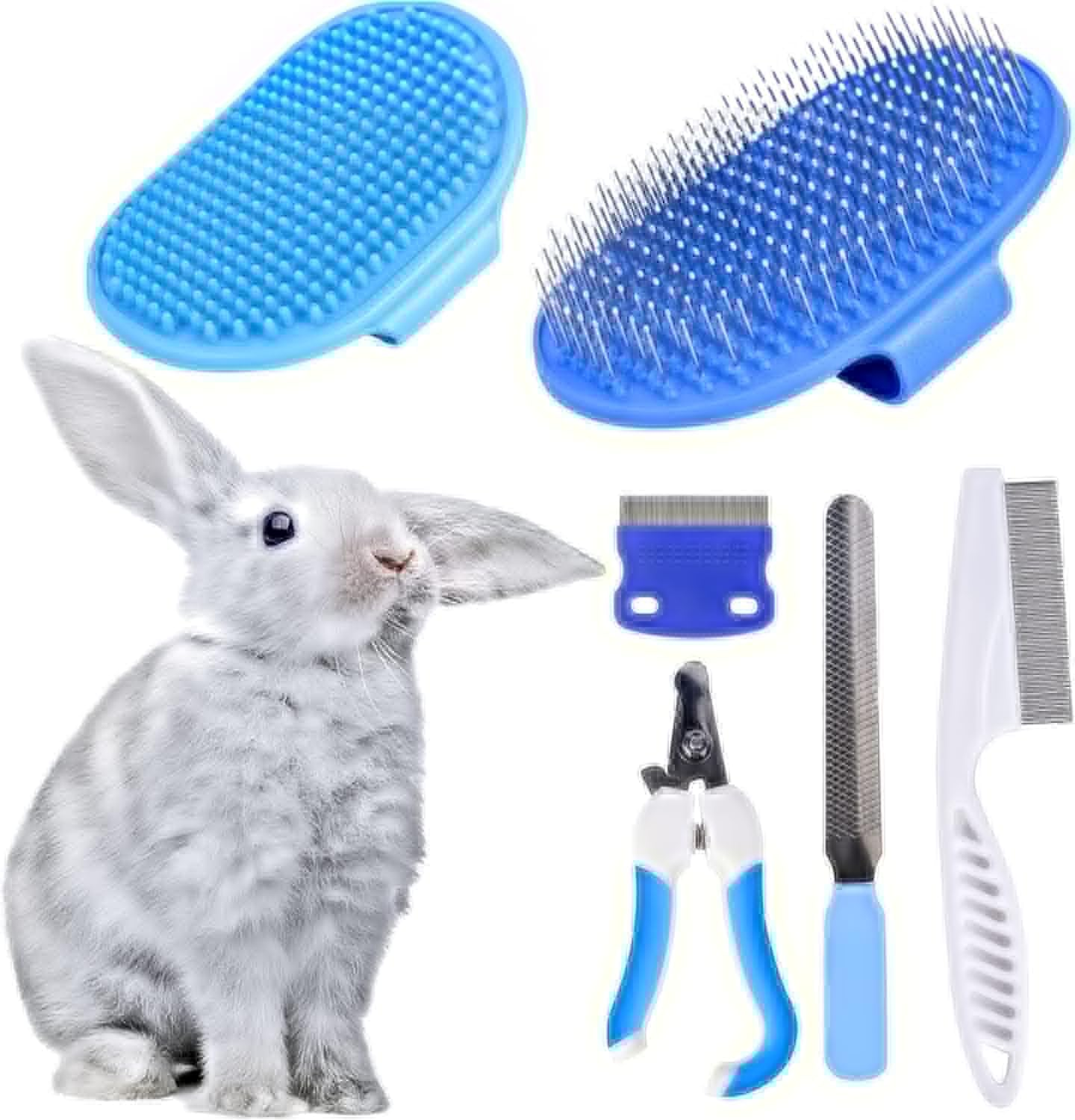 6-Piece Small Animal Grooming Set with Hair Remover, Nail Clipper, Flea Comb, Shampoo Brush for Rabbit, Hamster, Guinea Pig (Blue, One Size) image number 3