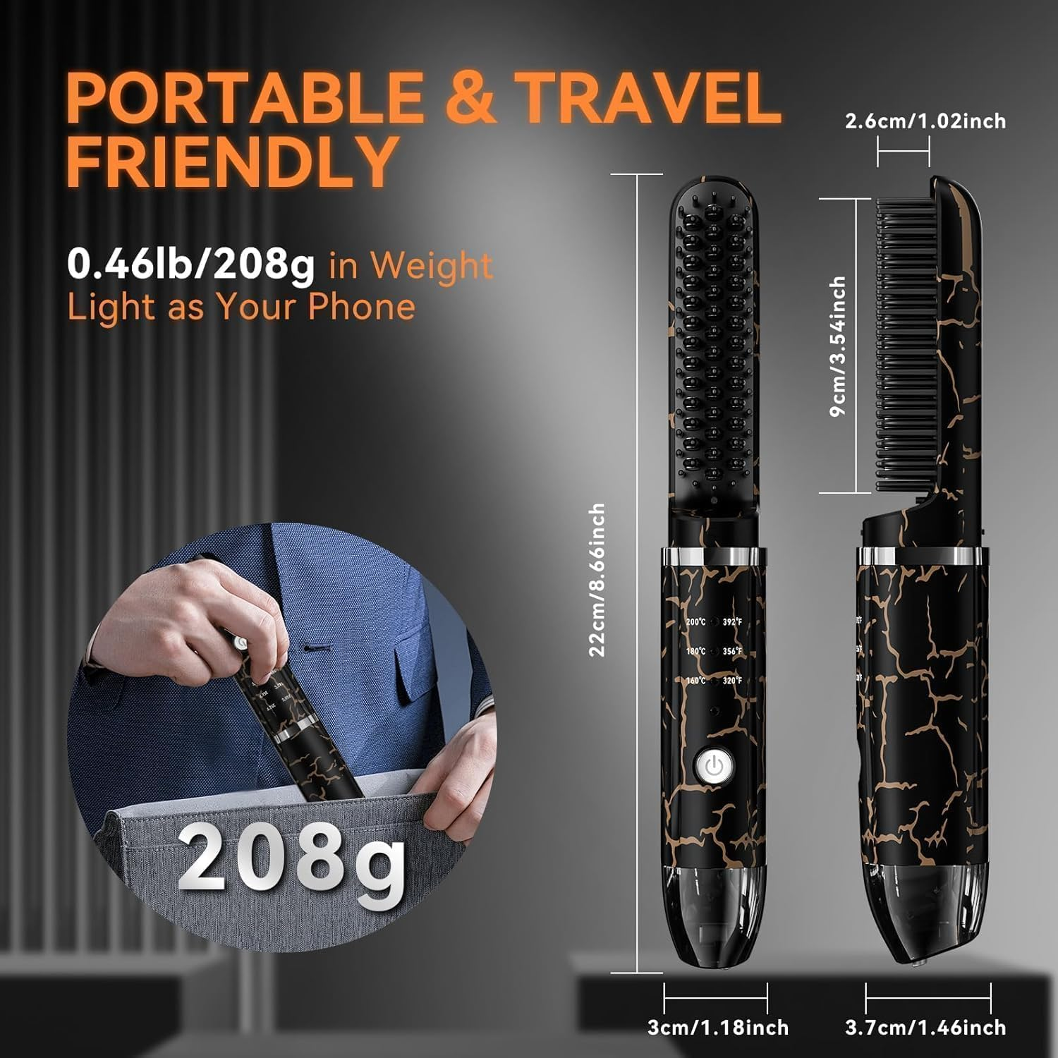 Beard Straightener for Men, Cordless Heated Beard Brush, Portable Beard Hot Combs, Ionic Mini Hair Straightener with 3 Temp Settings, Coarse Curly Hair Brush, Grooming Kit for Men image number 4