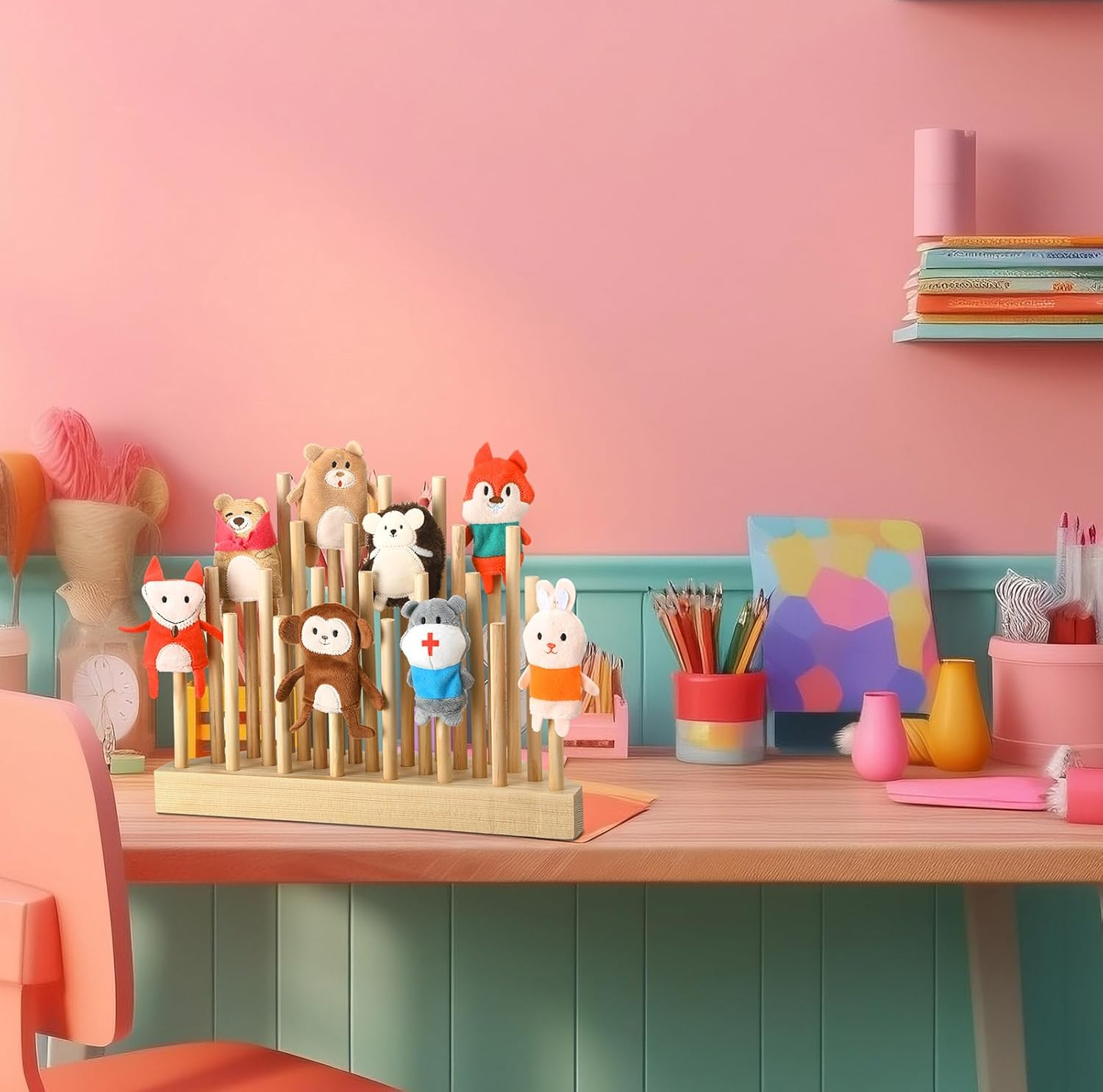 Finger Puppets Stand 11.8 X 3 Inch Wooden Finger Puppet Holder for Kids Toddlers Classroom Home anti Crush Stand for Storage and Easy Accessibility image number 1