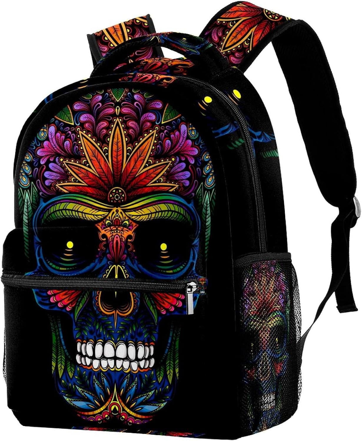 Floral Skull on Black Background Backpack Students Shoulder Bags Travel Bag College School Tote Backpacks image number 2