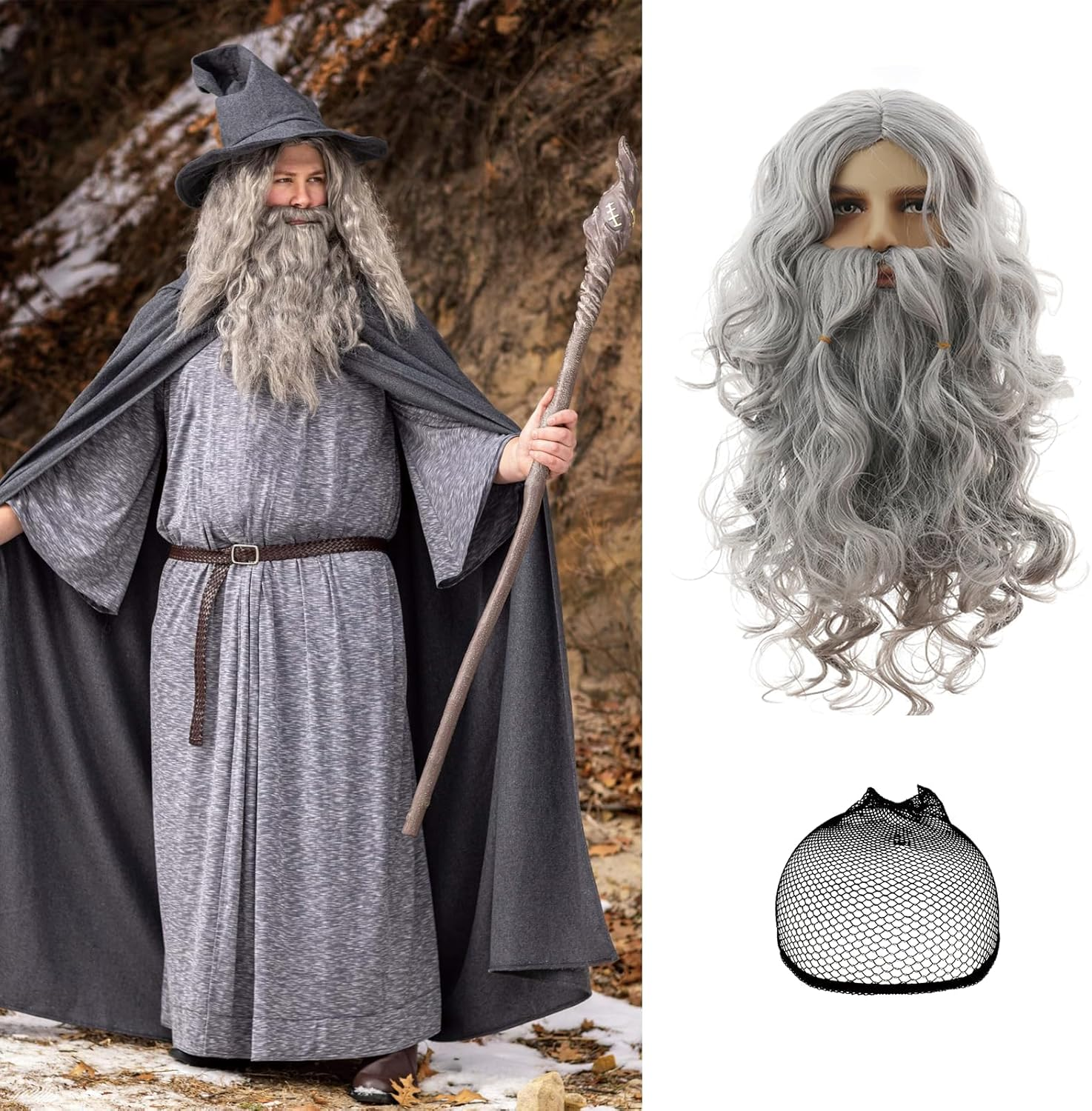 3Pcs Long Gray Wig for Men Costume with Wig Cap and Beard Men&rsquo;S Cosplay Synthetic Layered Hair Wigs Silver Man Wig for Adults Men'S Wig for Costumes Cosplay Christmas Halloween Carnival Parties Anime