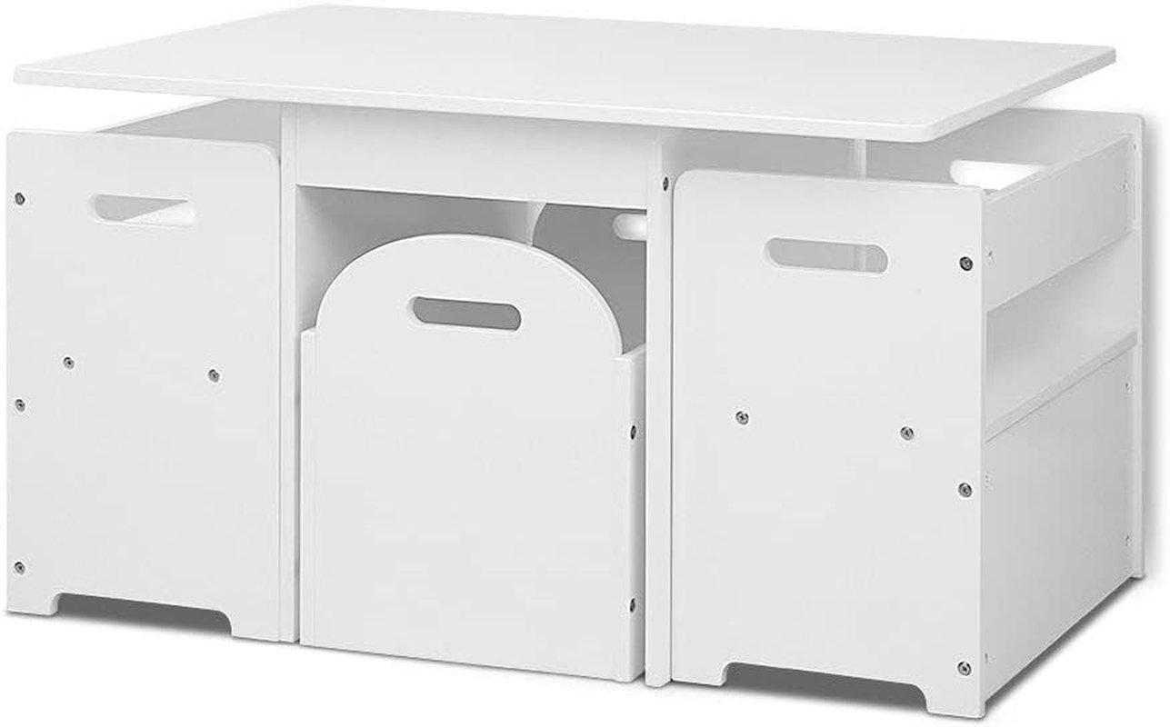 Keezi Kids Table and Chairs with Storage Box, Children Study Chair Desks Dining Tables Drawing Eating Painting Learning Activity Play Setting Home Living Room Bedroom Outdoor Furniture, Durable White image number 3