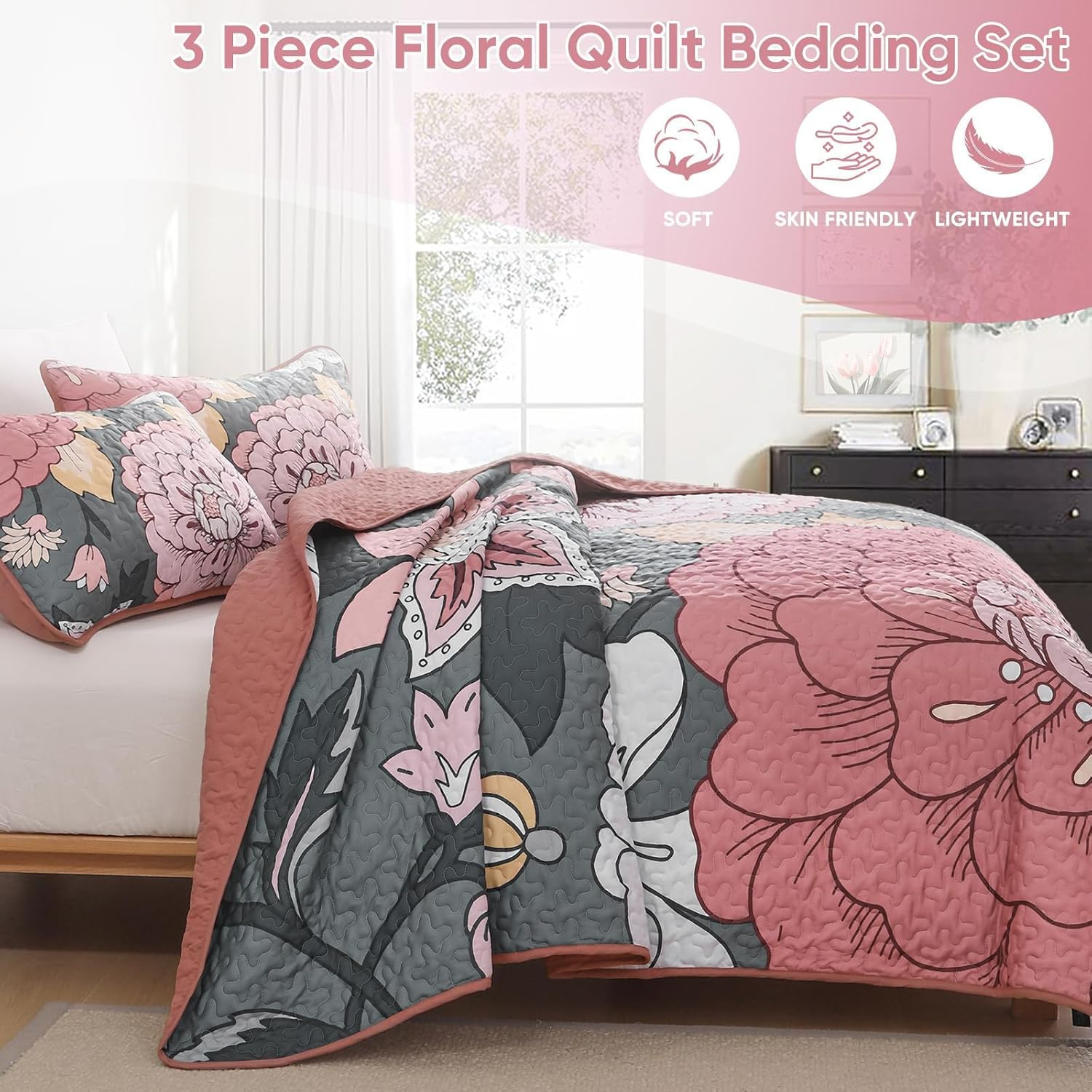 DJY Floral Quilt Set King Size Grey Pink Boho Flower Bedspread Coverlet Set 3 Pieces Soft Microfiber Farmhouse Botanical Bohemian Bedding Set with 2 Pillowcases for All Season (110''X90'') image number 5