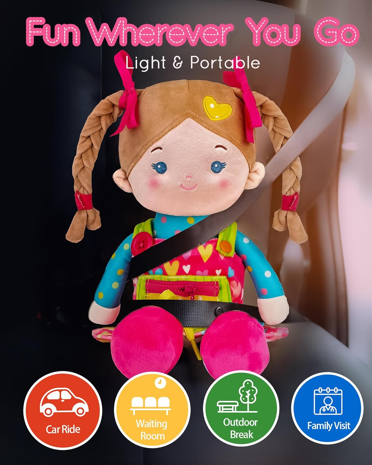 Leyadoll Educational Soft Baby Doll(16''), Learning Sensory Doll for Toddlers, Montessori Toys for 2-Year-Old Girls Christmas, Birthday Gifts, Plush Doll with Zipper, Shoelace, Button-Busy Sweetheart - Jucy Girl-Pink image number 5