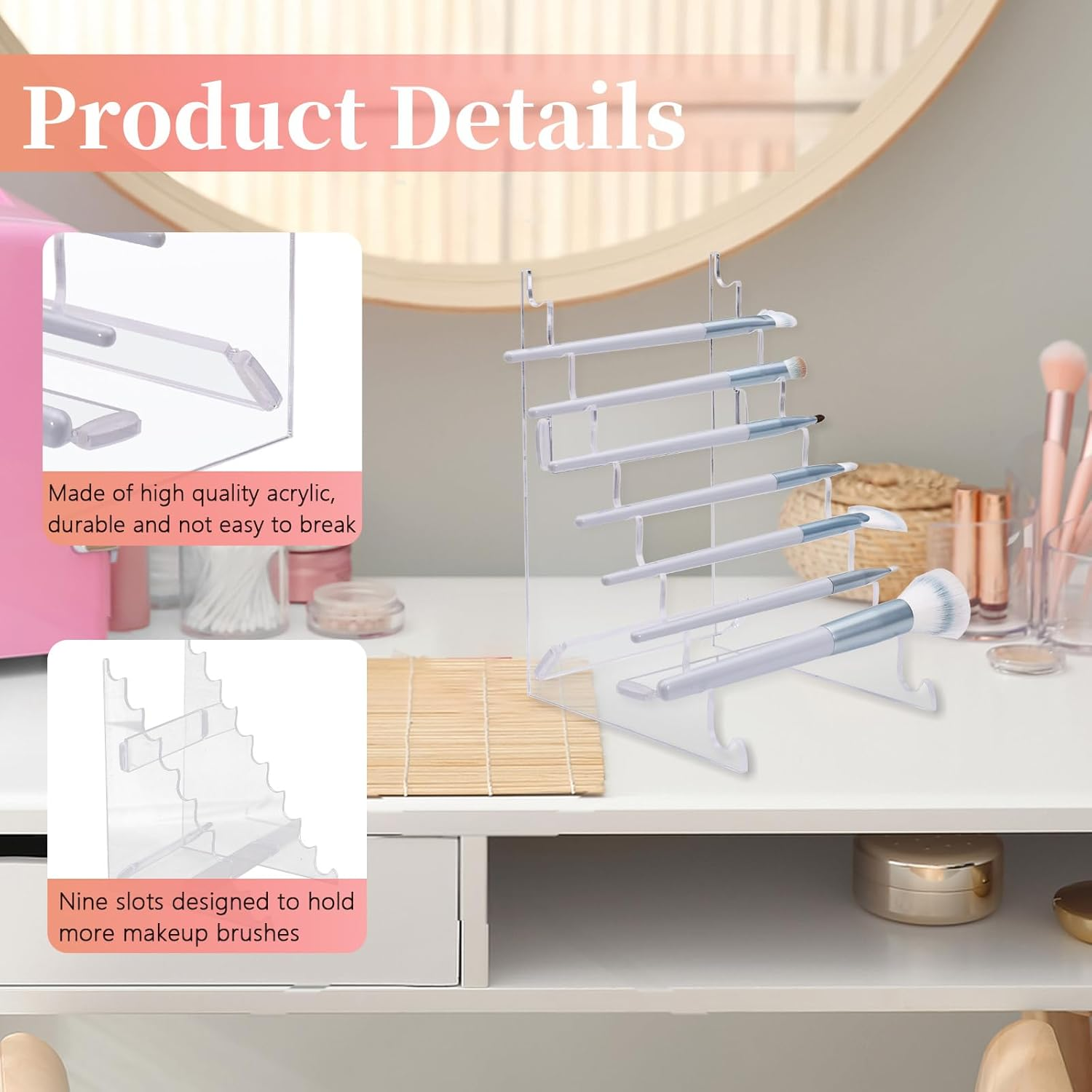 YITOBA 9-Slots Pen Display Stand Holder, Vertical Pen Stand Rack, Acrylic Brush Holder for Cosmetic Tools, Makeup Brush Organizer for Vanity, Clear Paint Pencils Rack for Office (Clear) image number 6