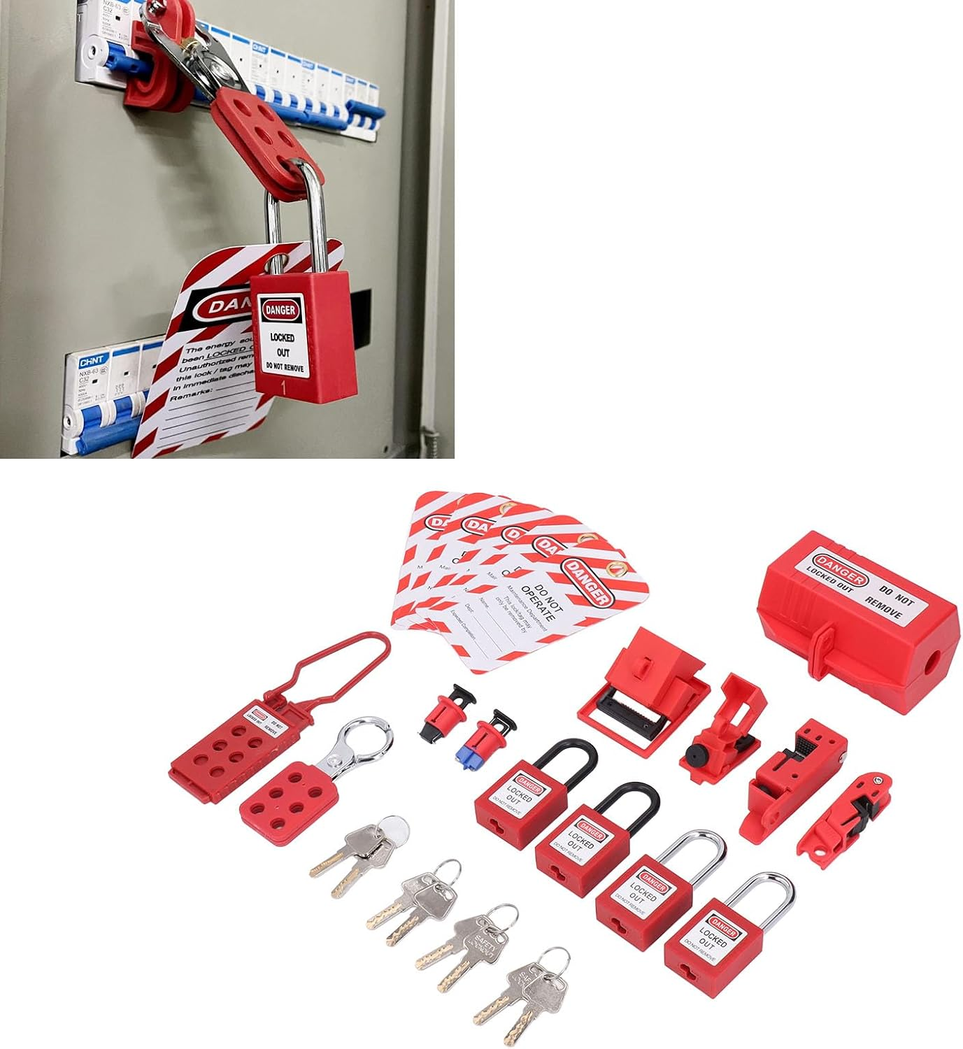 Electrical Lockout Tagout Kit, Circuit Breaker Lockout Kit with Storage Bag, Lockout Tags, Group Lockout Hasps, for Machinery, Electrical Equipment, Outdoor image number 2