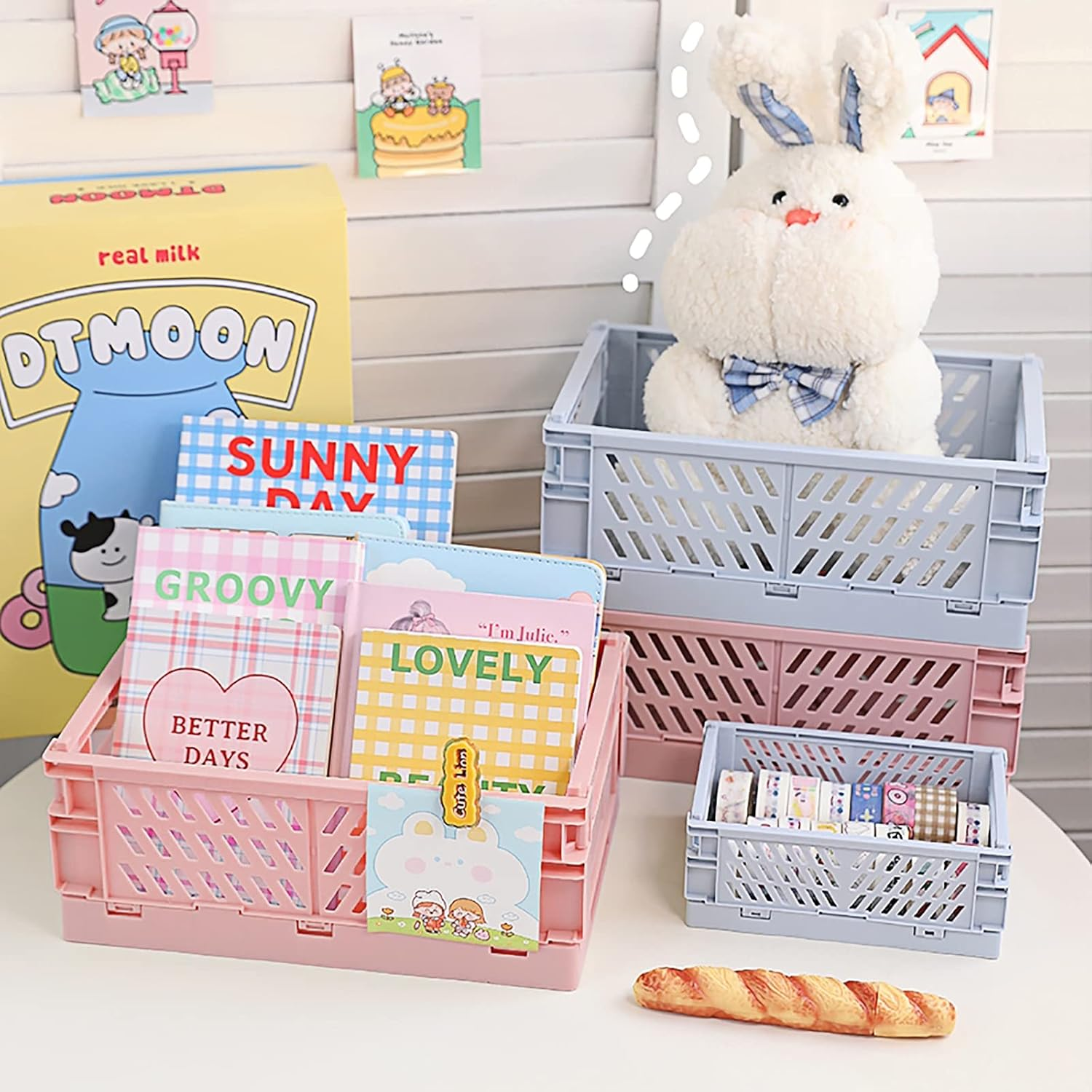 Weraher Plastic Storage Baskets for Desk Organizing, Office Drawer Organizer, 2 Medium+2 Small Durable Folding Storage Crate for Home Kitchen Classroom Office Bedroom and Bathroom Storage (Blue) - Blue image number 5