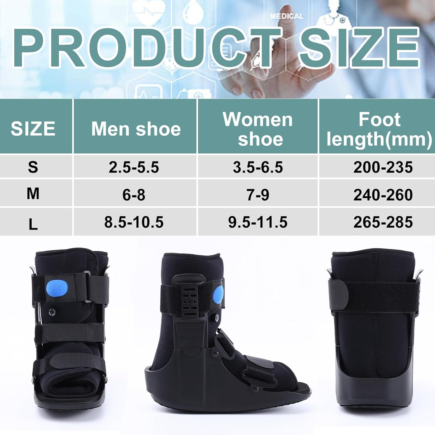 Inflatable Walking Boot Air Cam Walker, Orthopedic Fracture Boot for Broken Foot, Sprained Ankle, Achilles Tendonitis & Post-Surgery Recovery, Lightweight & Adjustable Foot Support (M) image number 5