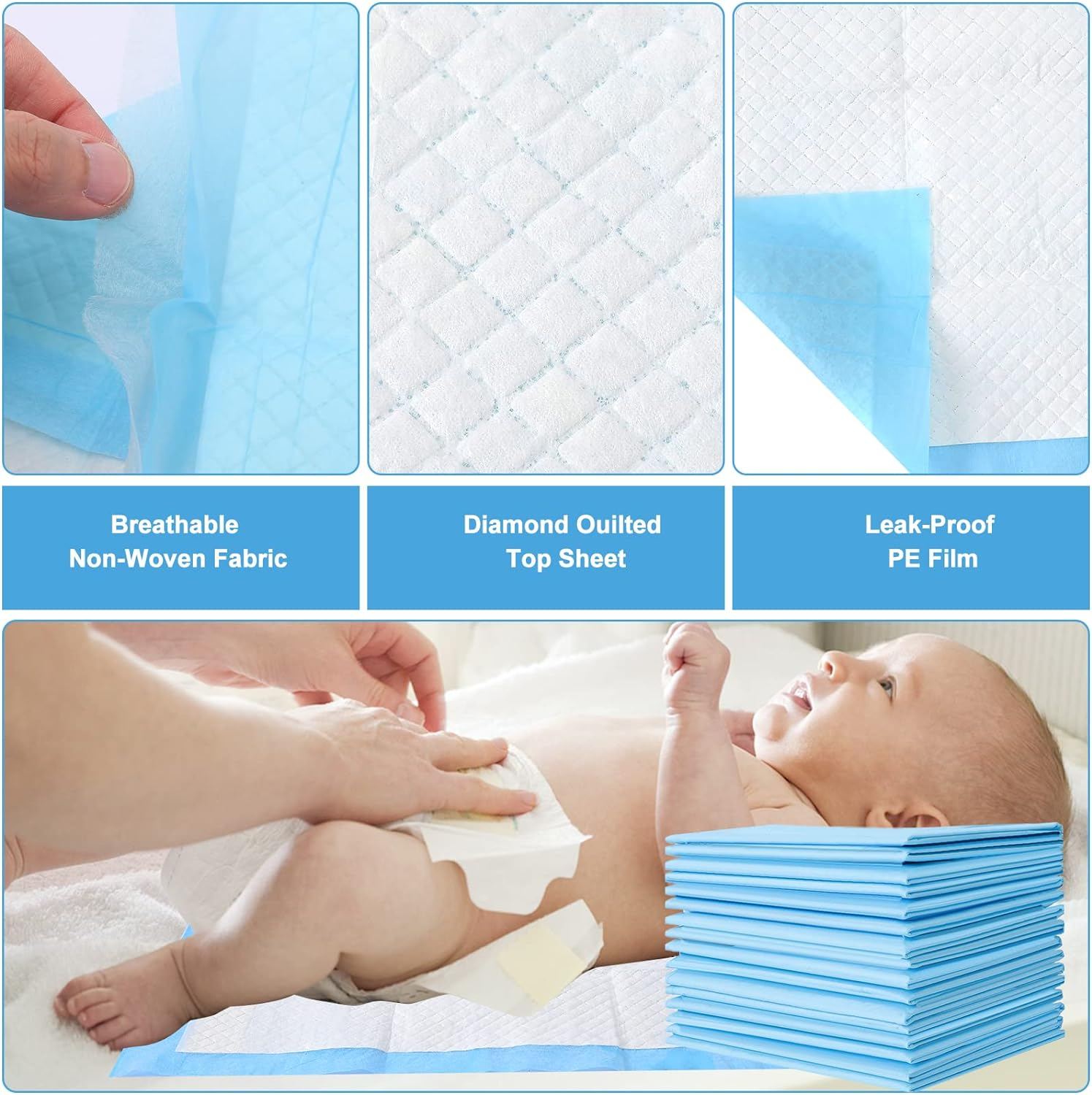 100 Pack Disposable Changing Pads, Disposable Bed Pads,Waterproof Diaper Changing Pad,Leak-Proof Underpads,Large Diaper Pad Changing Mat Disposable Baby Underpads,Ultra Absorbent,17 X 13 Inch image number 3