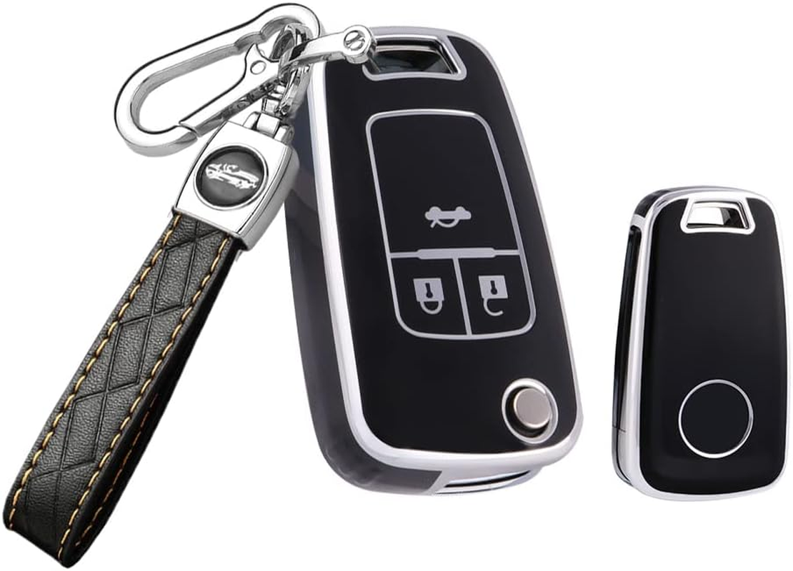 HIBEYO Key Fob Cover Compatible with Chevrolet Cruze Aveo Trax Sail Malibu Captiva Opel Vauxhall Astra J Corsa Insignia Mokka Key Case Holder Flip 3 Button with Leather Keychains-Black
