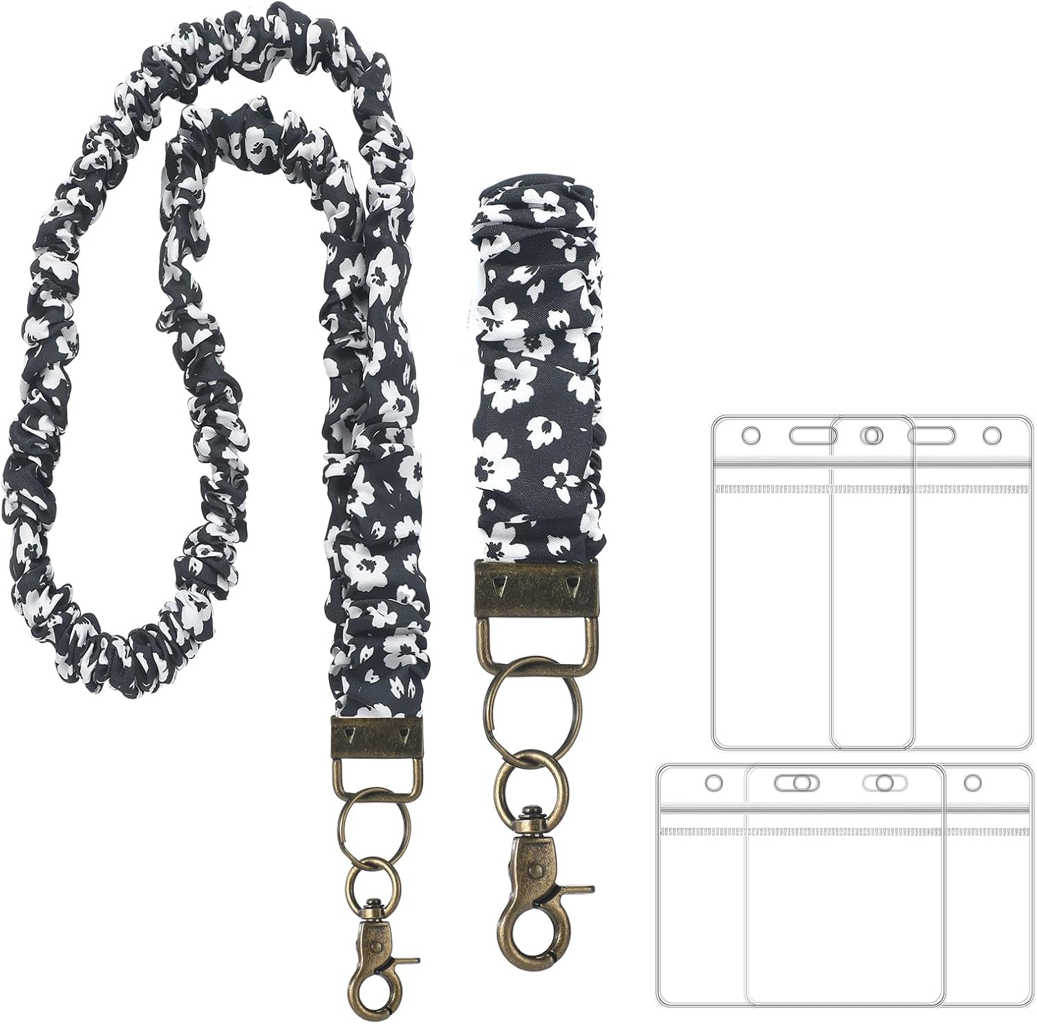 Marspark 2 Set Scrunchie Lanyards with 4 Card Holders for ID Badges and Keys Cute Stretchy Scrunchie Neck and Wrist Lanyards for Teacher Women Nurses School Office Supplies(White Green, Checked)