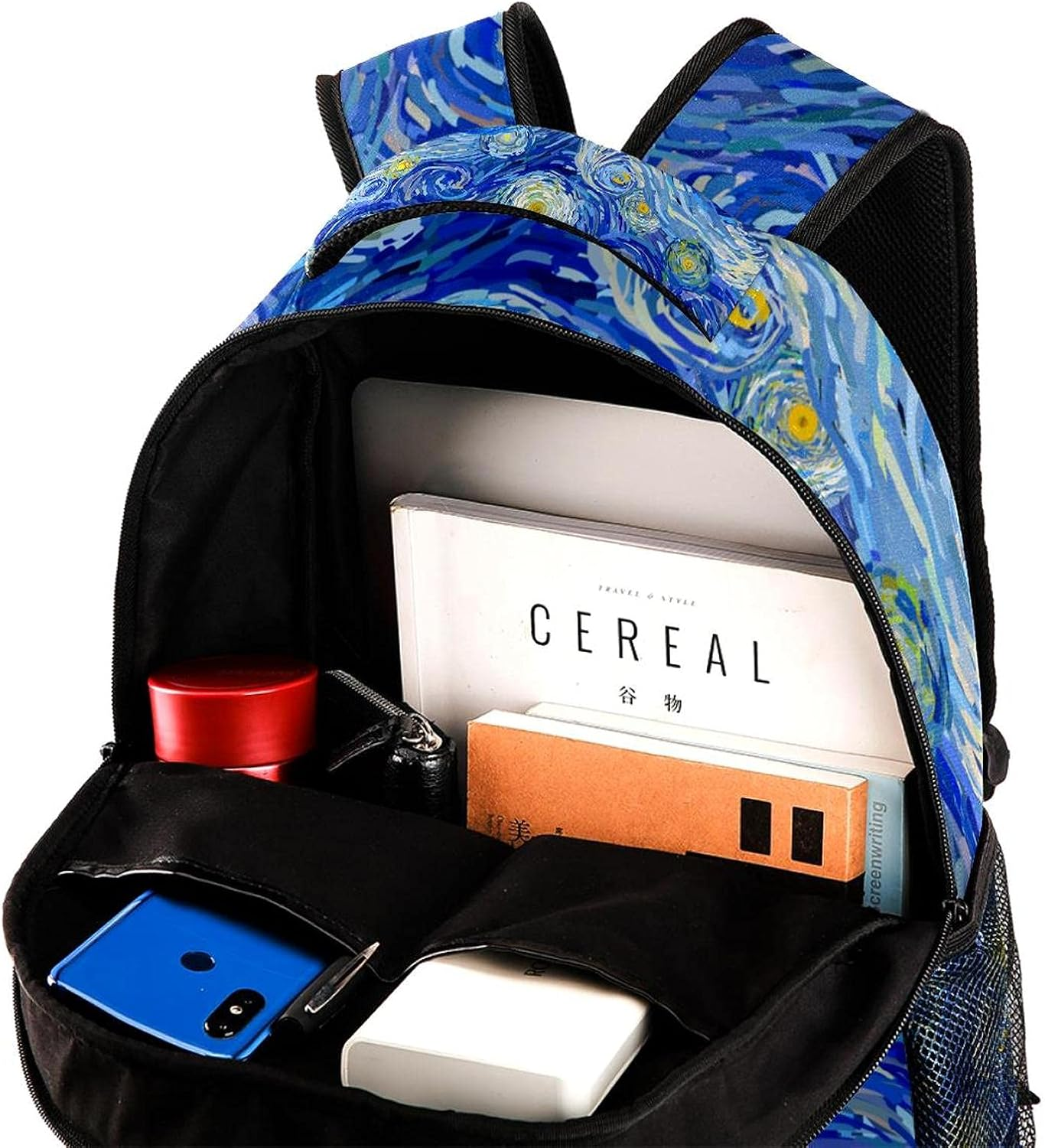 Night Sky with Swirly Clouds Stars and Glowing Moon Backpack Students Shoulder Bags Travel Bag College School Tote Backpacks