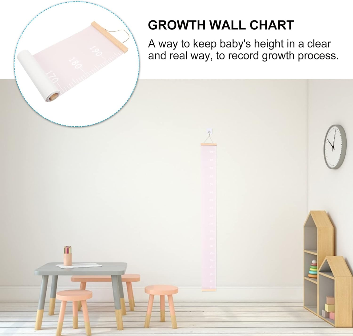 Kisangel Kids Growth Height Chart Canvas Wall Height Ruler Measurement Roll up Nursery Hanging Ruler Handing Ruler Playroom Kids Cloth Cartoon ,Pink - Pink image number 4