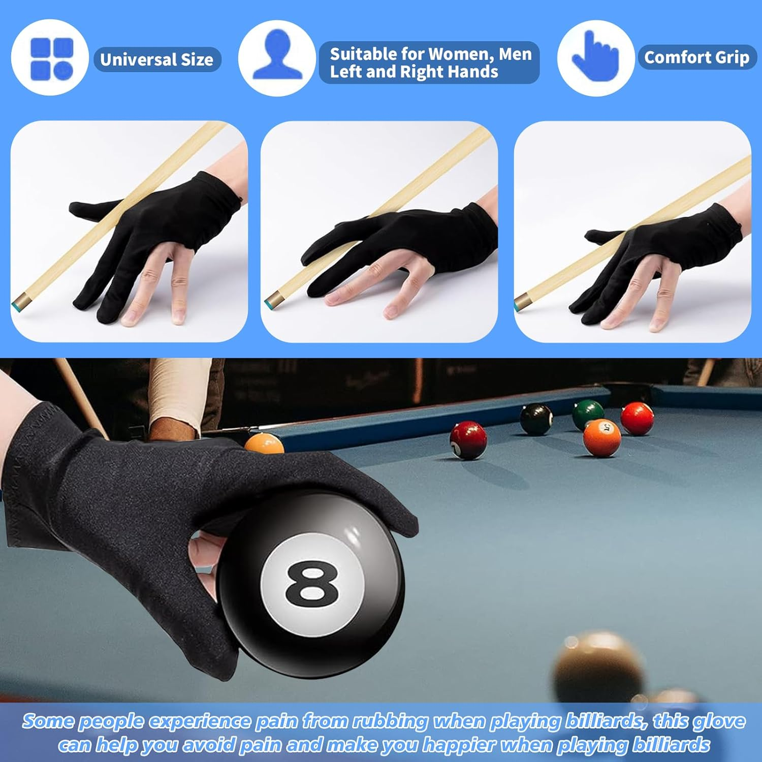 10 PCS Billiard Gloves Set, Snooker Pool Cue Shooter Sport Gloves, Three-Finger Half Glove for Men & Women, Breathable & Smooth Grip, Premium Billiard Gloves for Professional & Amateur Players image number 2