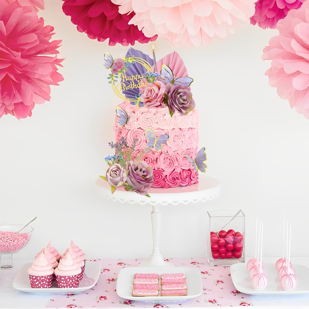28 PCS Boho Cake Toppers Cake Decoration with Pink Purple Flowers Butterflies Palm Leaves Candles for Birthday Themed Baby Shower Party Wedding Supplies (Pink Purple) image number 2