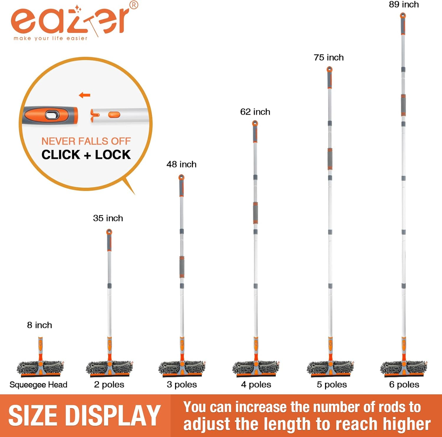 Eazer 89&lsquo;&rsquo; Squeegee Window Cleaner 2 in 1 Rotatable Window Cleaning Tool Kit with Extension Pole, Window Washing Equipment with Bendable Head for Indoor/Outdoor Window and Car Glass image number 4