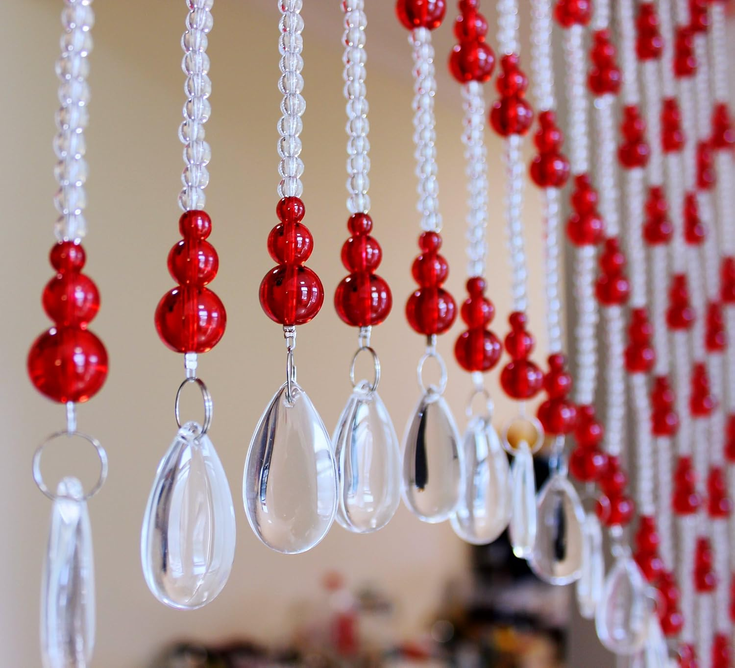 Rekelola Hanging Glass Door Beads Beaded Curtains Valance Self-Adhesive for Doorways Crystals Stran Arched Windows, Clear Crystal Room Bead Partition Curtain Frame Closets 7 Red (Zl-202304-Red) - Blue image number 3