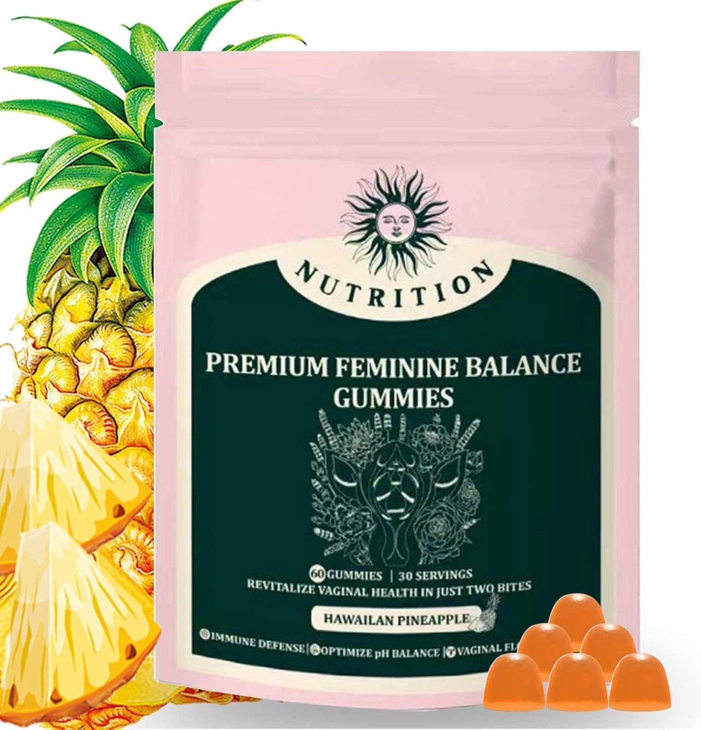 Feminine Balance Gummies,Premium Feminine Balance,Improve Immune,Promotion of Women'S Health,Vegan,Hawaiian Pineapple Flavor - 60 Gummies - 30 Servings image number 6