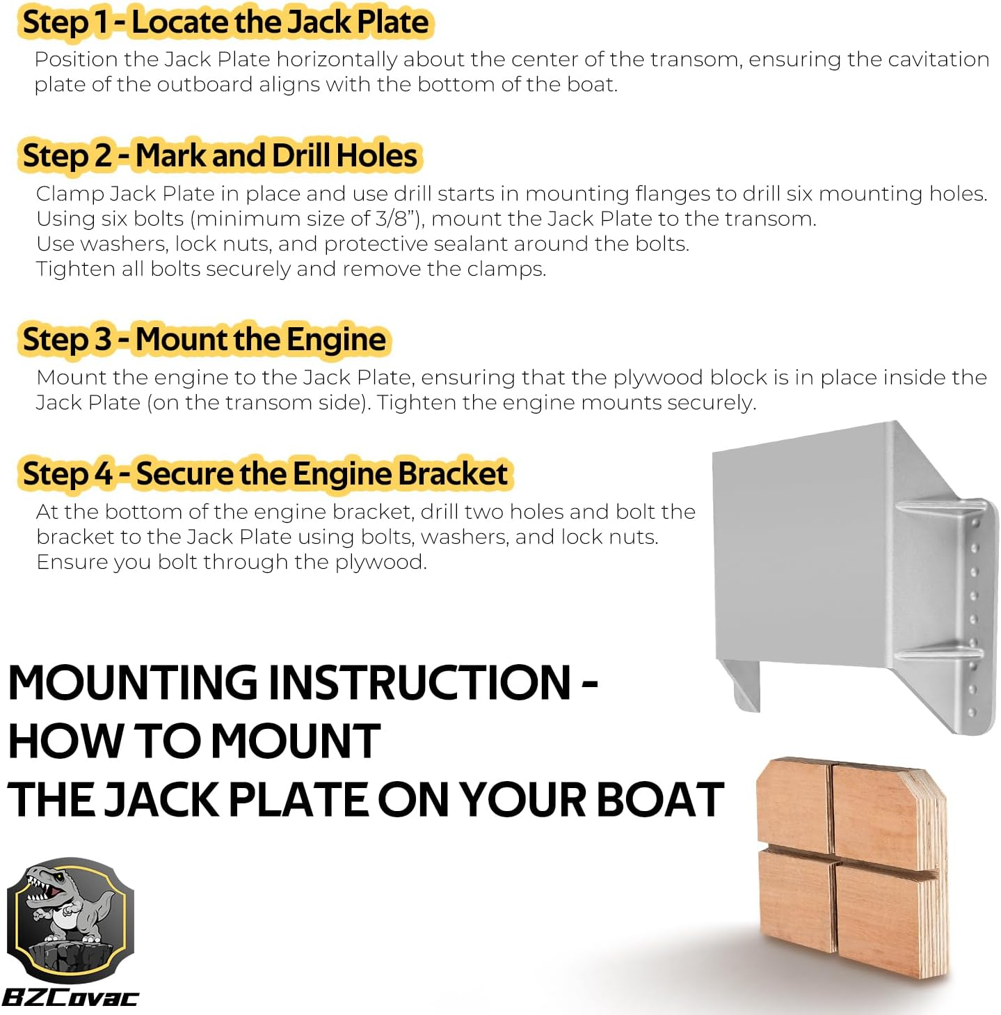 MJ-1-DP Mini Jack Plate with 4" Setback, Fits Outboard Motor up to 35 HP, Cast Aluminum with Mounting Wood
