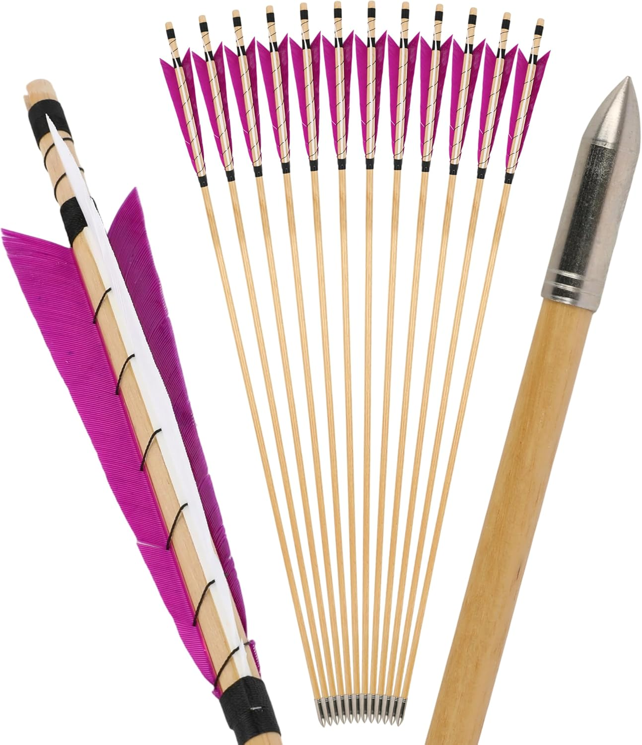 32 Inch Wooden Arrow English Longbow Arrow Target Pracrice Arrow Shaft with 5" Turkey Feather Fletching and Field Point for Recurve Bow Longbow Traditaonal Bow - 12Pcs, Rose Red