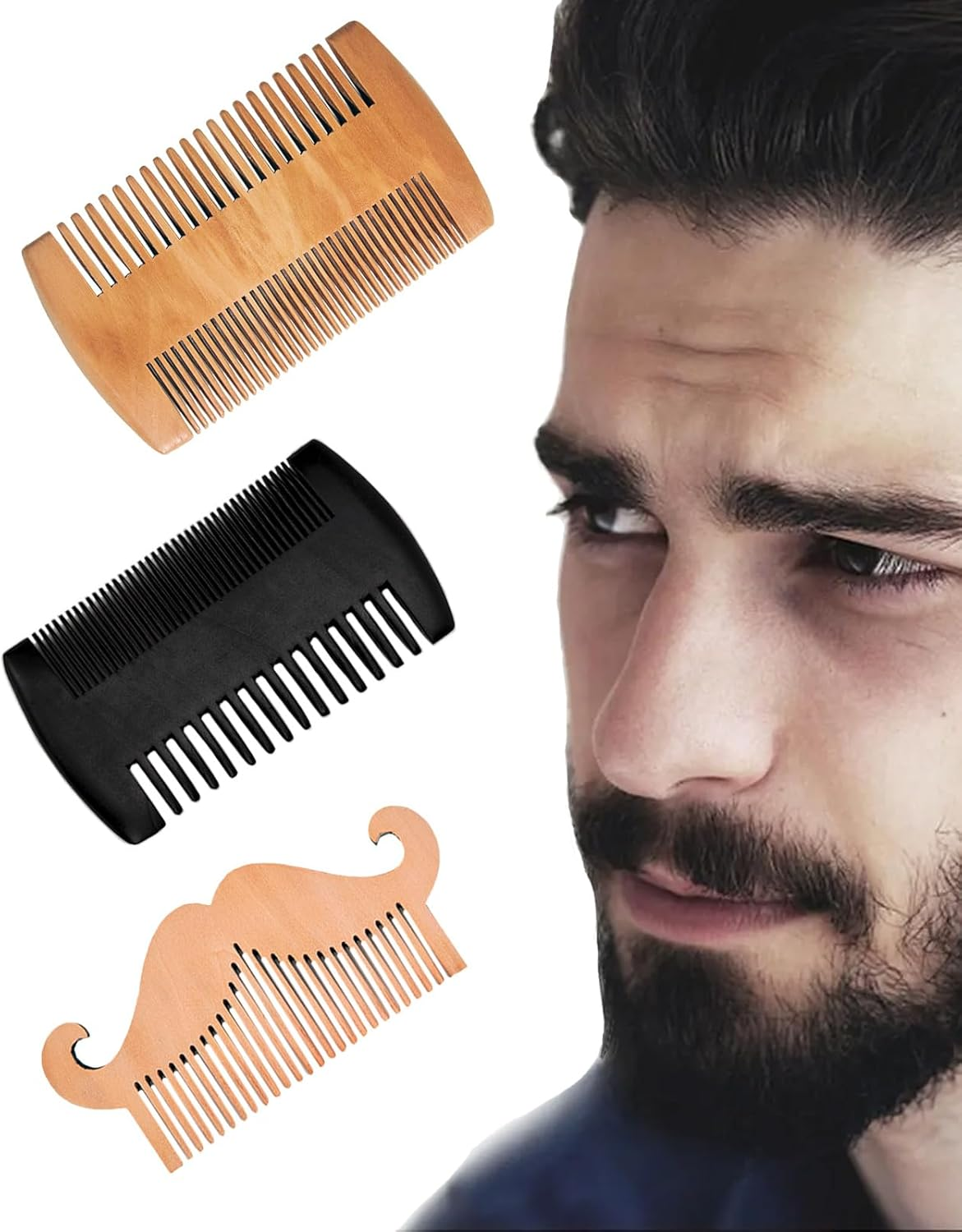 Rolxmed Wooden Beard Comb for Men Wide/Fine Close Teeth, Eco-Friendly Natural Peach Wood, Smooth, Lightweight, Portable for Travel (Set_1, 3 Pieces) image number 3