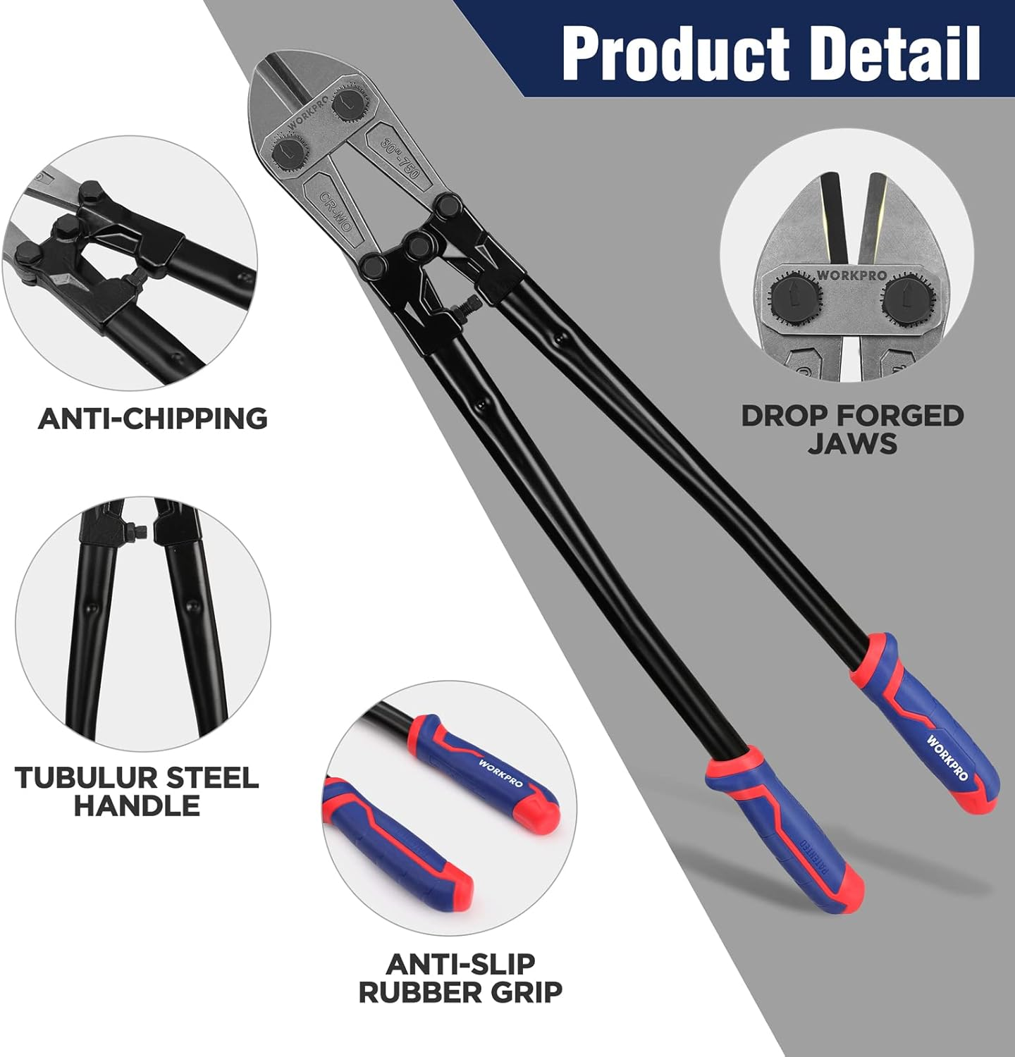 WORKPRO 30" Bolt Cutter, Chrome Molybdenum Steel Blade, Heavy Duty Bolt Cutter with Soft Rubber Grip, Cutting Tool for Cut Chain, Wire, Screw, Rivet image number 3