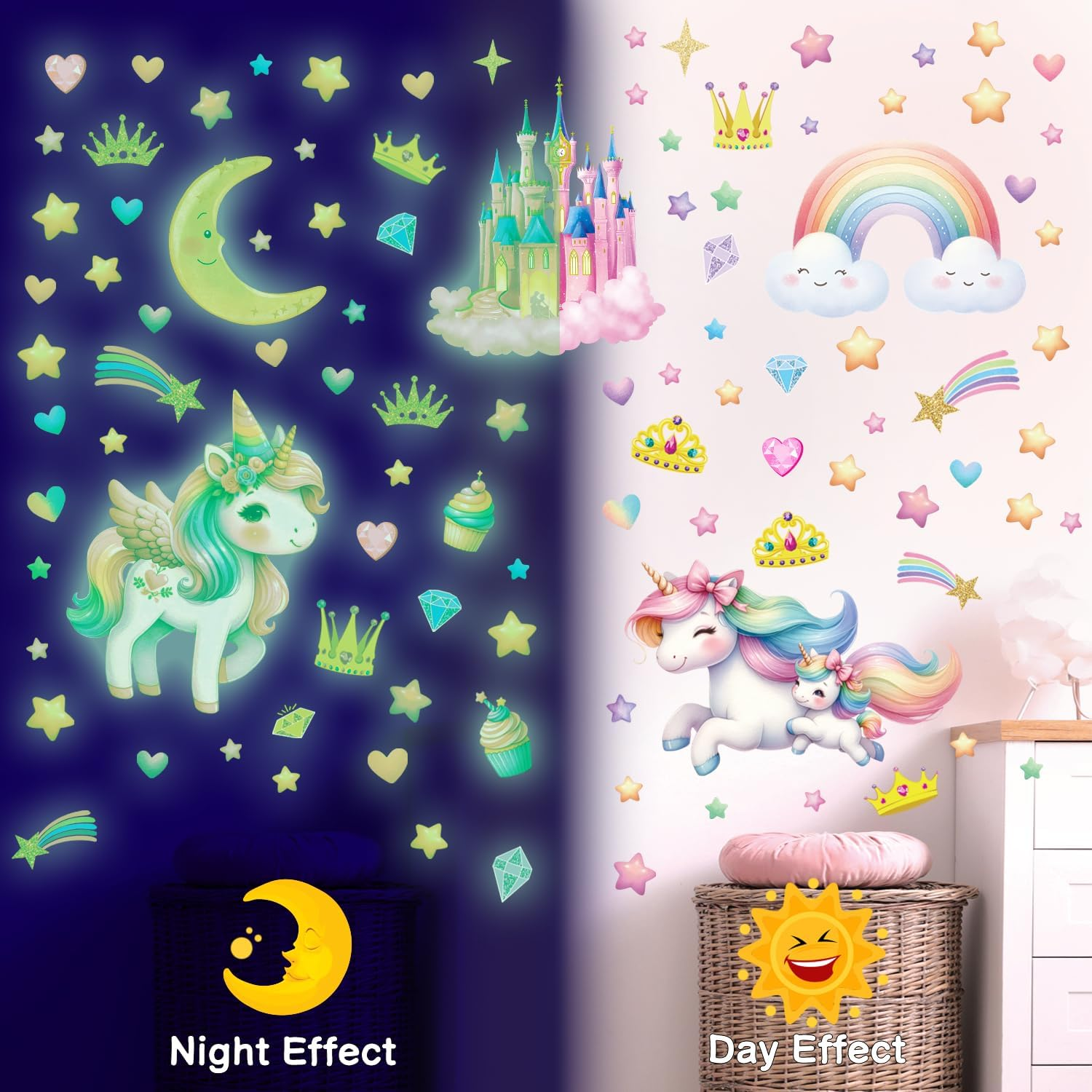 DECOWALL GDS4-8089 Glow in the Dark Unicorn Wall Stickers Decals Kids Stars Glowing Castle Moon Rainbow image number 2