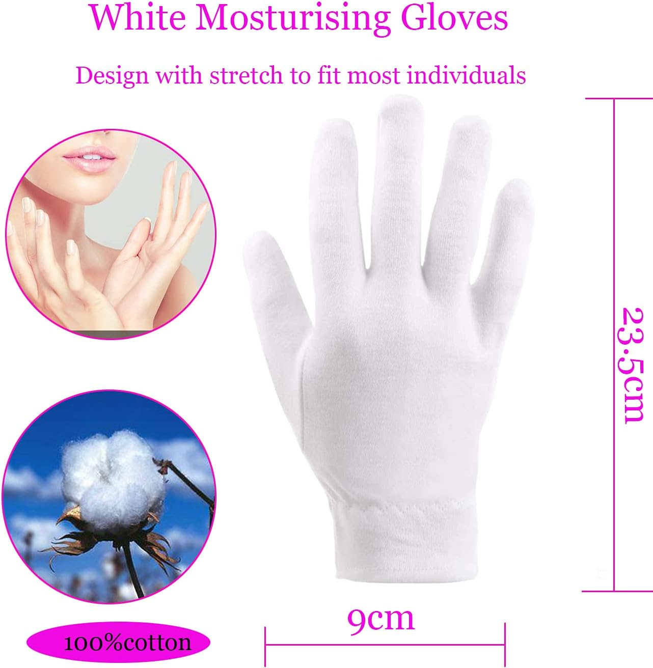 100% Cotton Gloves for Eczema,1 Pairs White Cotton Moisturizing Gloves over Night Bedtime | Cosmetic Inspection Premium Cloth Quality | Dry Sensitive Irritated Skin Spa Therapy Secure Wristband image number 2