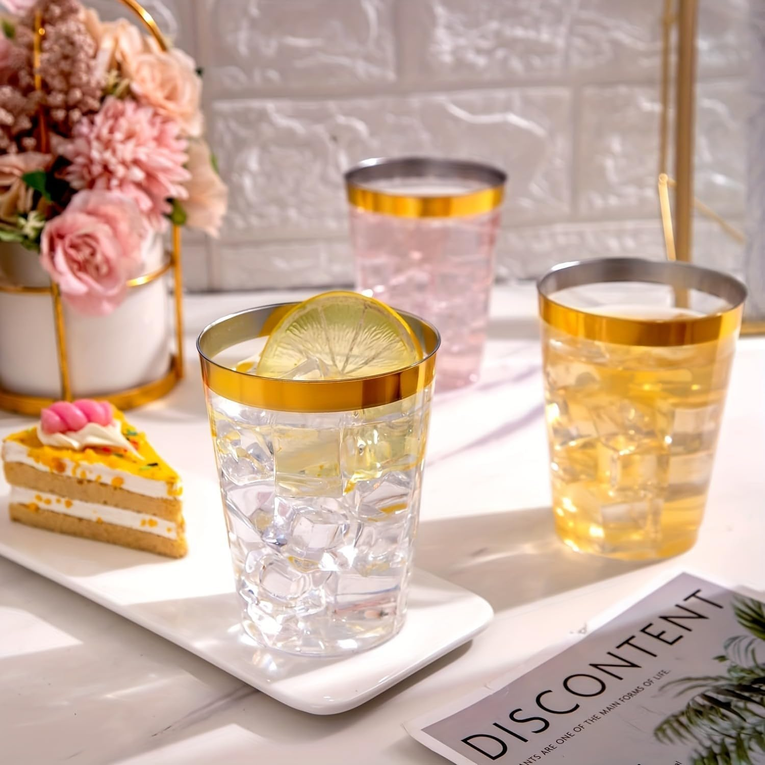 Pack of 50 10 OZ 300 Ml Reusable Plastic Cups with Gold/Silver/Rose Gold Rim Gold Glitter-Elegant Plastic Glasses for Champagne,Beer,Cocktails and Desserts-Stylish Plastic Wine Glasses (Glod) image number 1