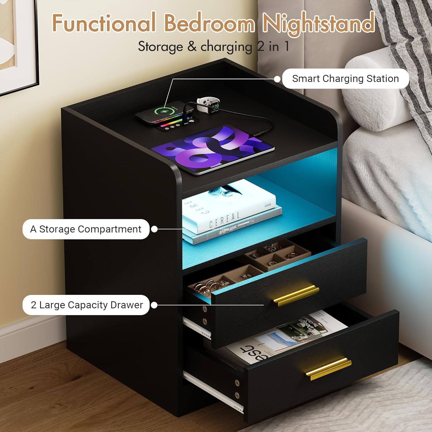 Advwin Bedside Table 2 Drawers, LED Nightstand with Human Induction, Wireless Charging Station and USB & Type-C Port, Chest of Drawers with Storage Shelf, Black (1, Black) image number 3