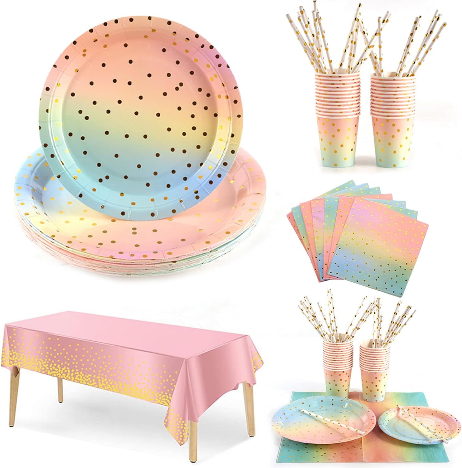 GYB 25 Guests Colorful Party Supplies, Disposable Party Tableware Plates Cups Napkins Straws Table Cloth Dinnerware Set for Weddings, Birthday Parties, Graduations image number 6