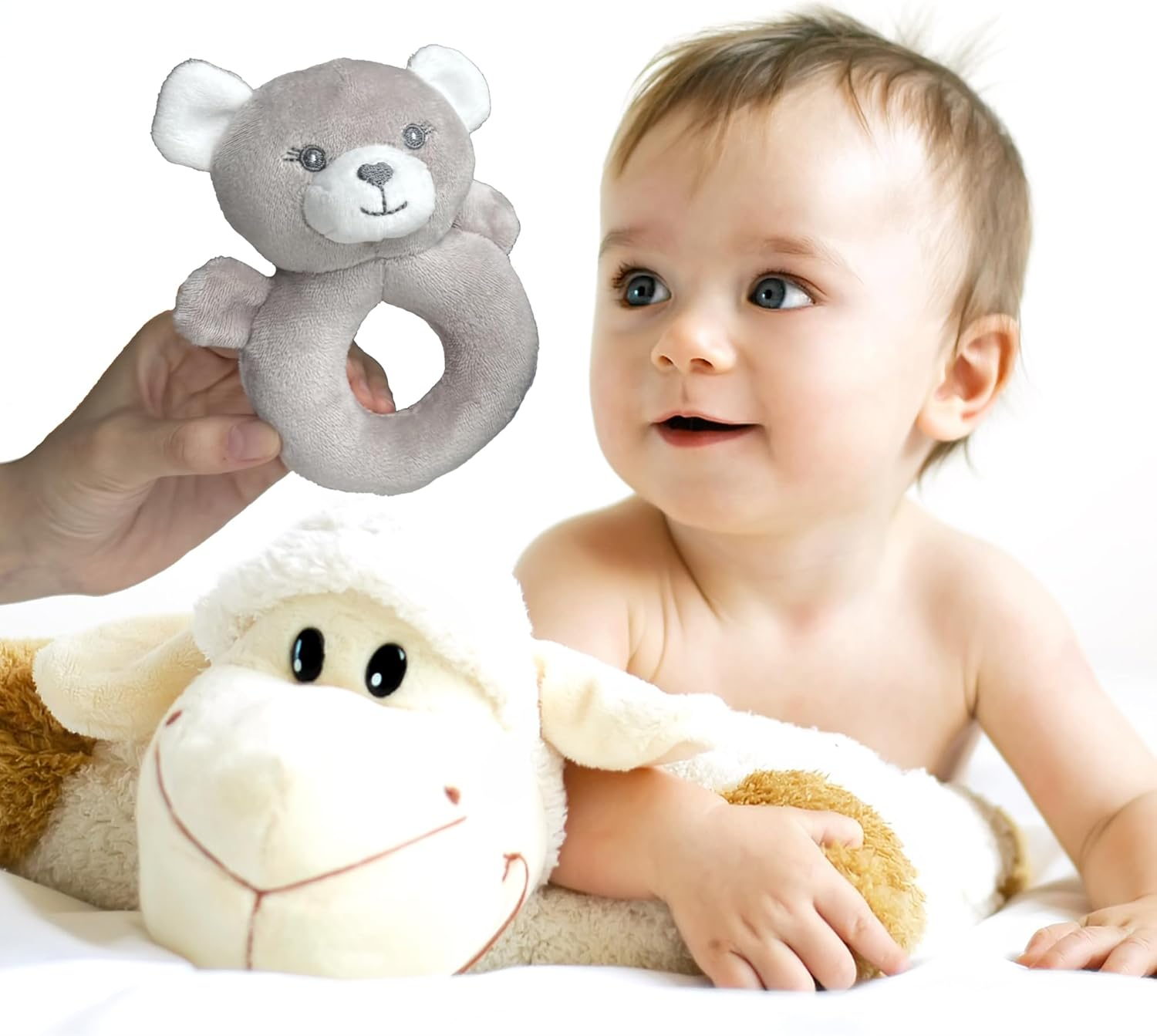 CREVENT Cozy Plush Baby Security Blanket Loveys for Baby Girls Boys, Stuffed Animal Ring Rattle Shaker Toy for Newborns (Bear + Handbell) image number 1