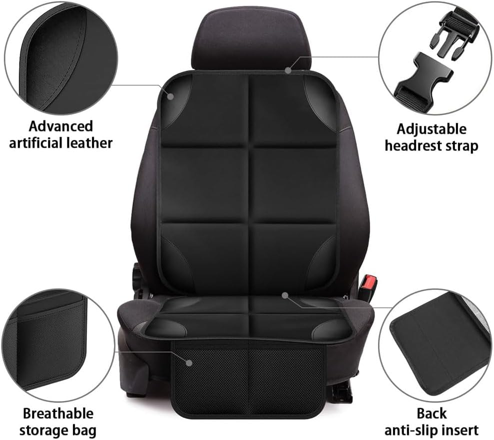 Aufondof Car Seat Protector for Child and Pet Car Seat,Waterproof Car Seat Cover for 600D Fabric Seat Cover Mat, 2 Mesh Pockets, Non-Slip Bottom,Thick Padding Cushion to Protect Leather Seats(Black) image number 3