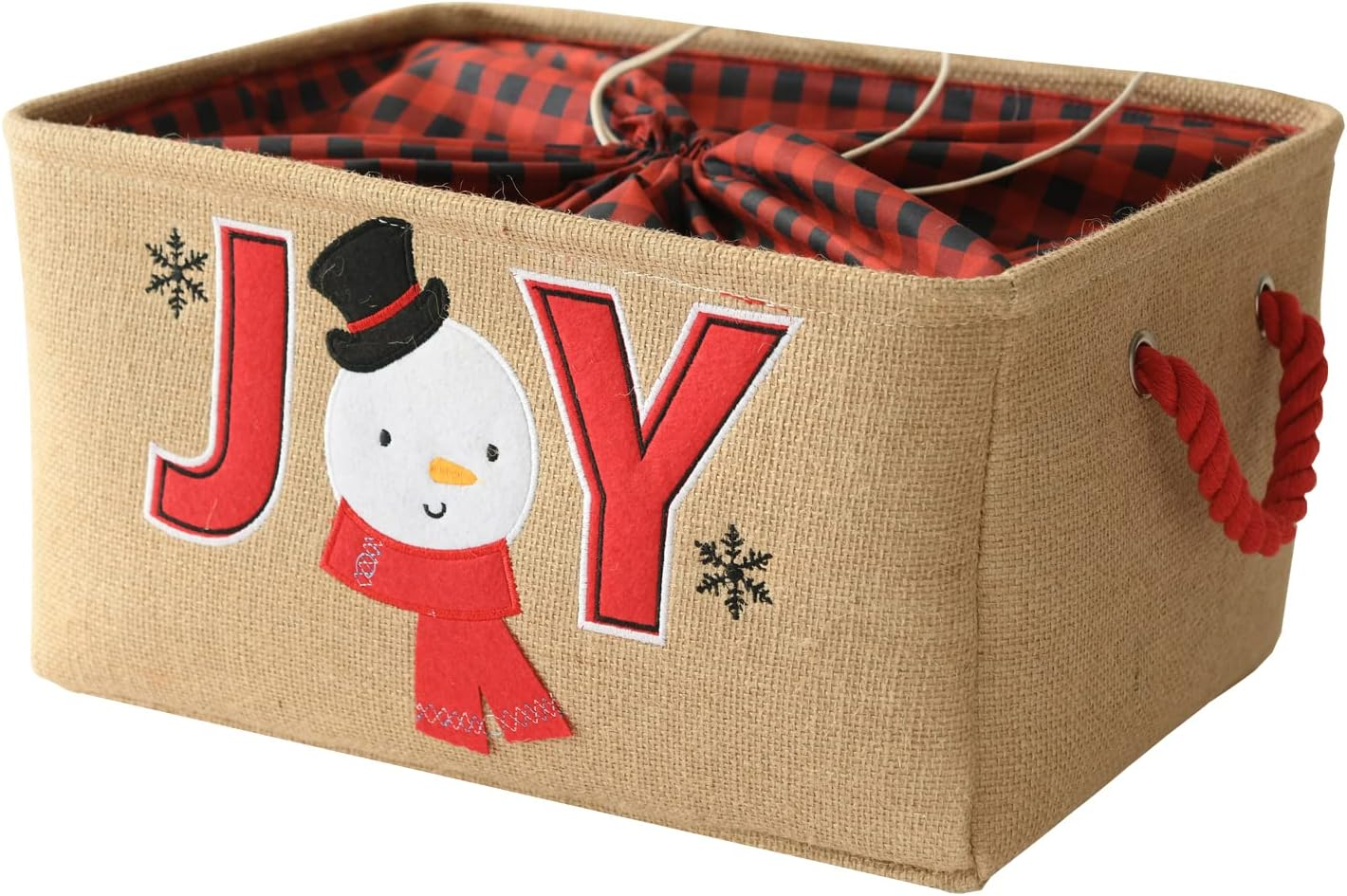 Inough Christmas Ornament Storage Box Holiday Decoration Organizer, Christmas Basket for Kids Large Gifts Baskets Empty with Handles Santa Sack with Drawstring (Medium, Snowflake)