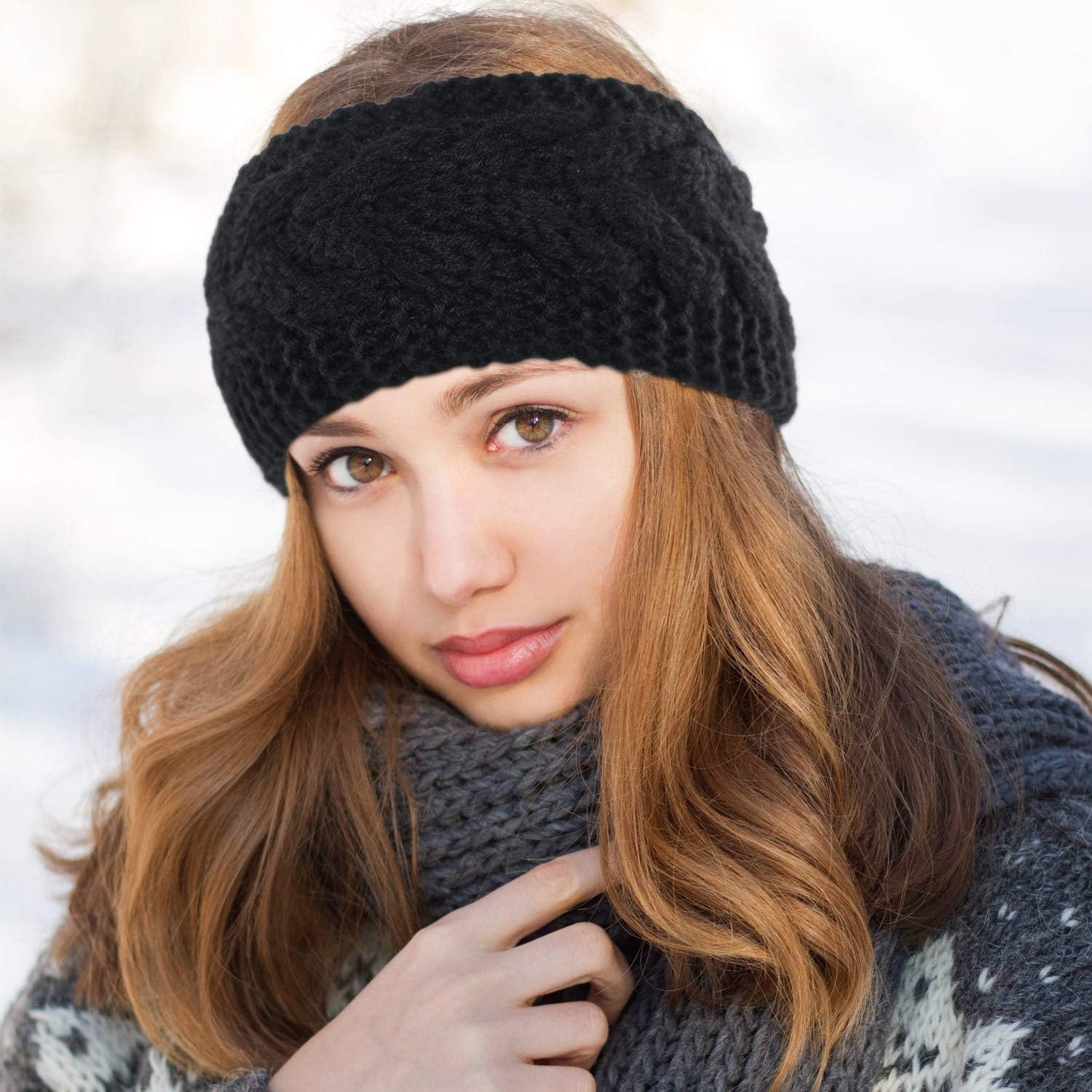 Winter Headband Wool Cable Knit Headband Hair Wrap Ear Warmer for Women (Black) image number 1