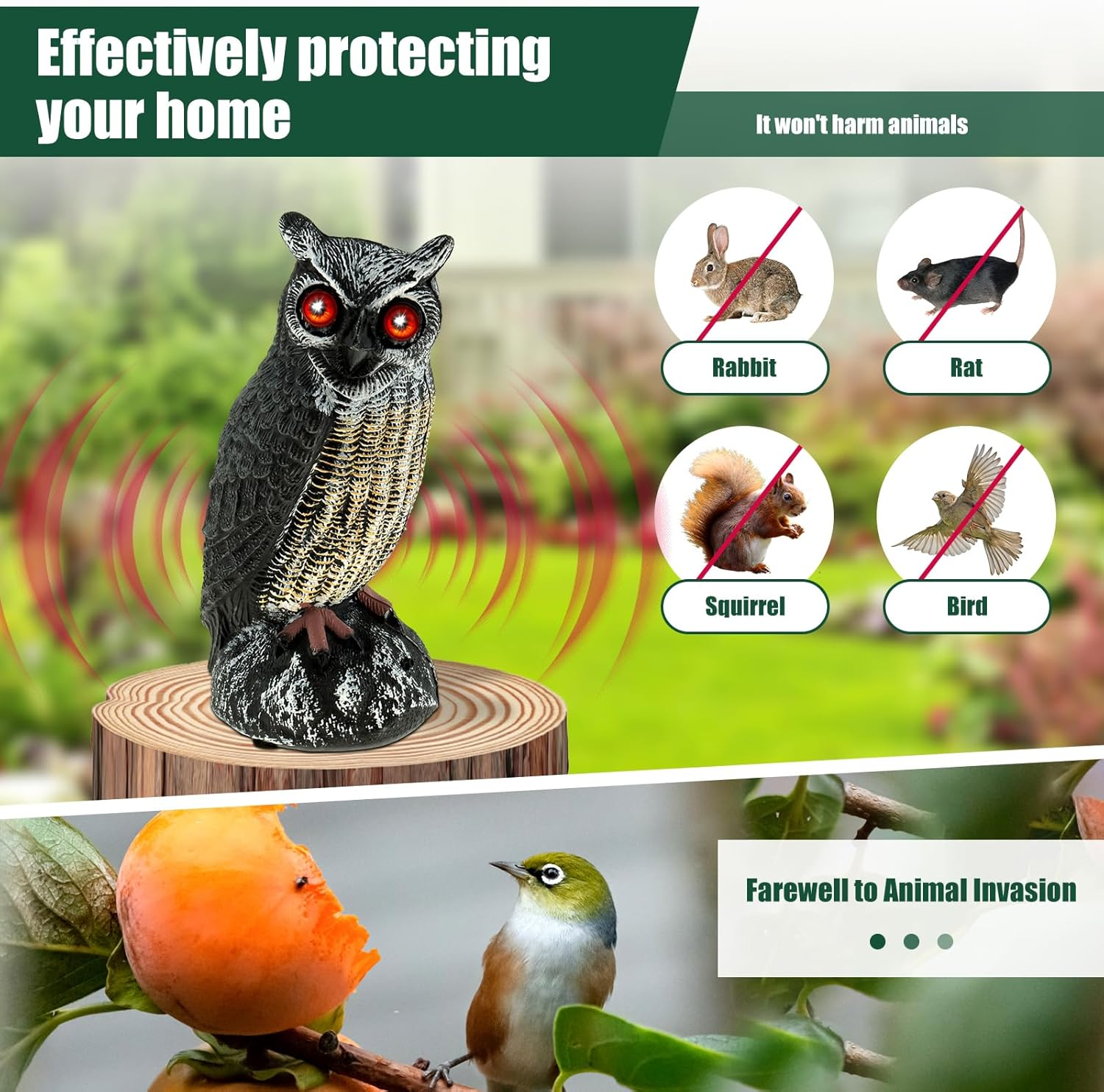 Owl Decoy to Scare Birds Away, Solar Powered Fake Owl Scarecrow Plastic Owls Waterproof Owl Statue with Flashing Eyes & Scary Sound Bird Deterrents for outside Garden Yard Patio (Black) image number 5