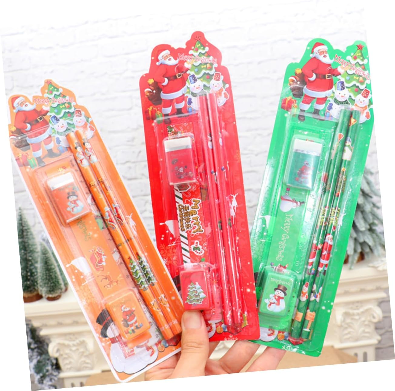 Christmas Theme Stationery Set 3 Packs 5Pcs Kit with Pencils Erasers Rulers for Kids School Supplies Holiday Random Color image number 2