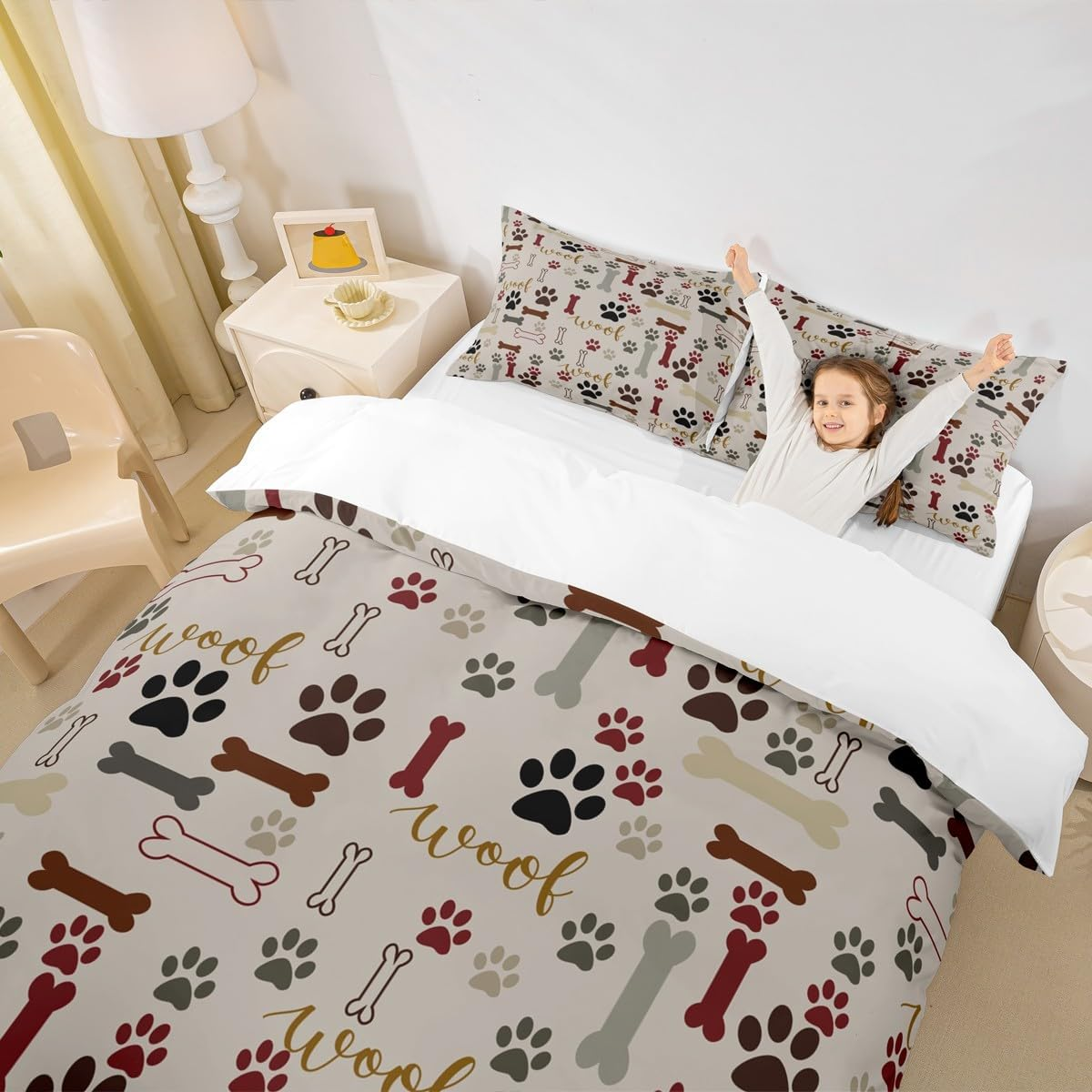 Dog Paw Print Duvet Cover Set Queen Size,Bone Pattern Bedding Set 3Pcs for Kids Teens Girls Boys Room Decor, Pet Animal Comforter Cover Cartoon Quilt Cover with 2 Pillowcases image number 3