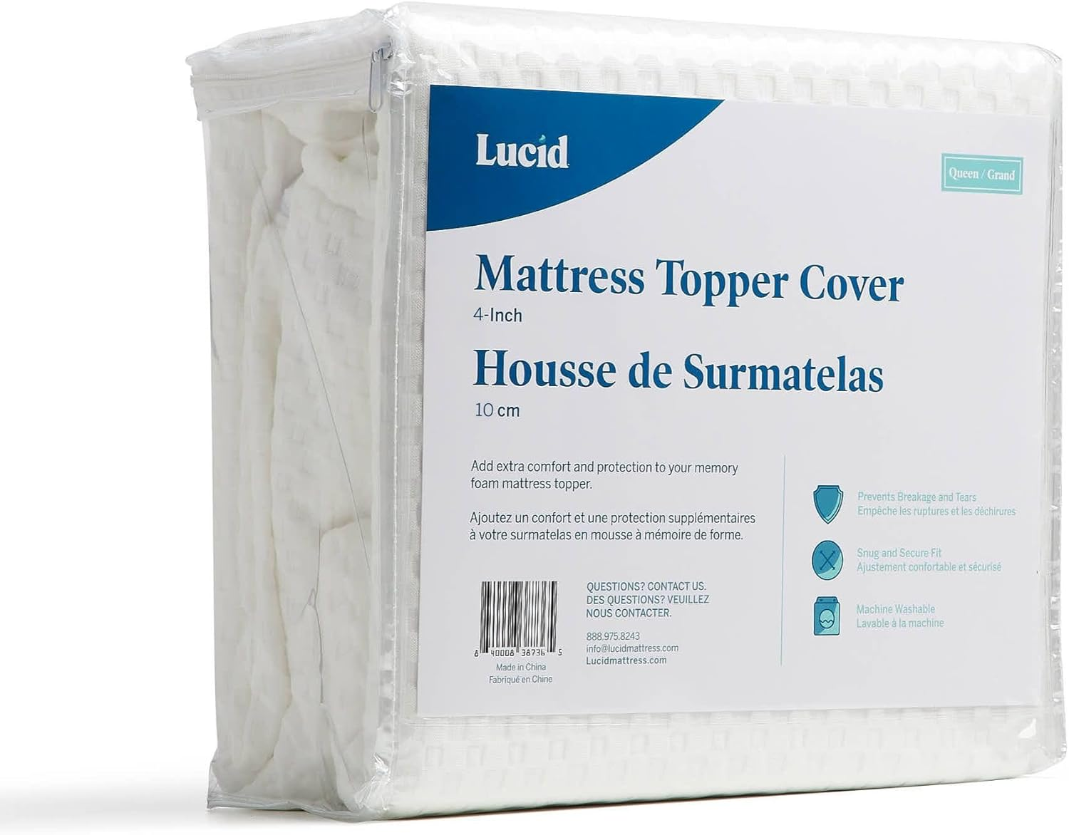 Lucid 2 Inch Mattress Topper Cover - Breathable, Washable, Non-Slip, Zippered - Twin XL, White
