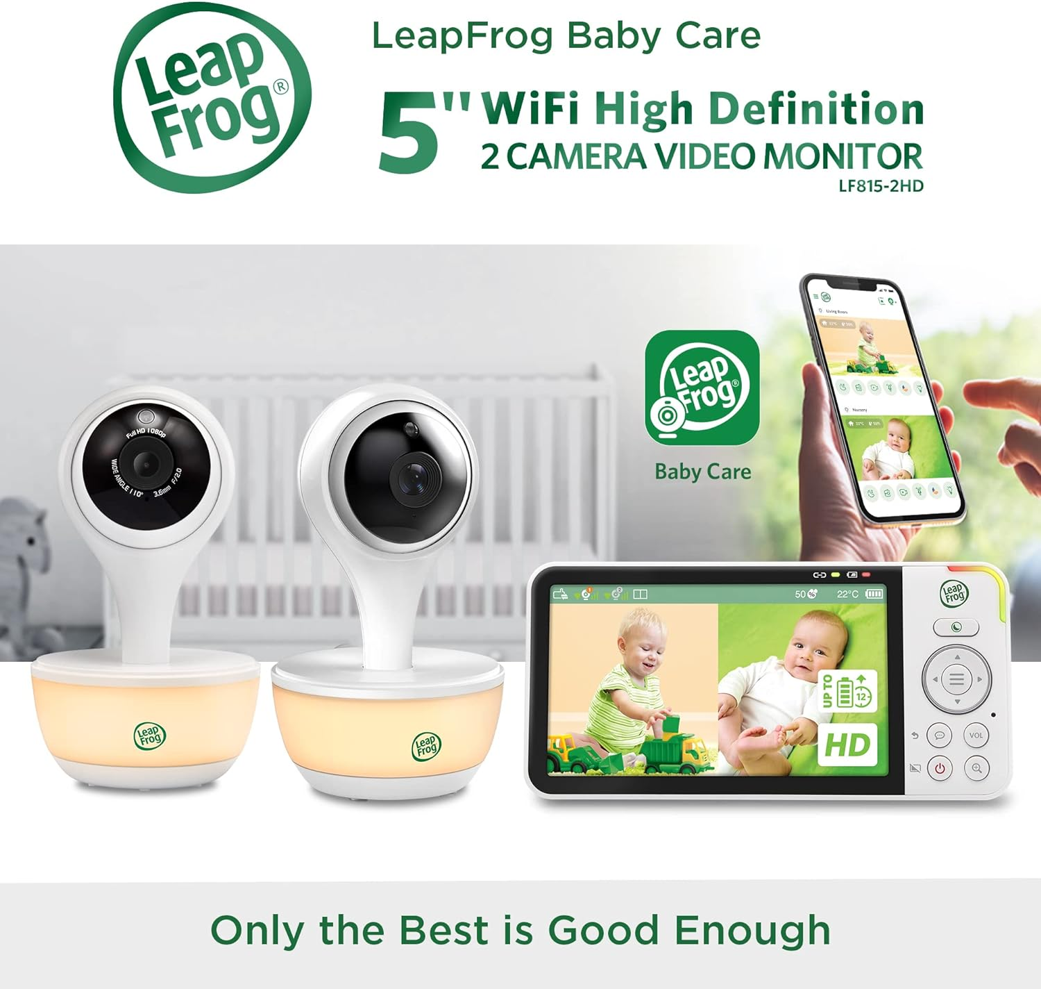 Leapfrog LF815HD 5" 2-Camera Wi-Fi HD Video Baby Monitor with Remote Access, Colour Night Vision, Night Light, 2-Way Talk, Soothing Sounds, Temp/Humidity/Motion Sensor, up to 12 Hours Battery Life image number 1