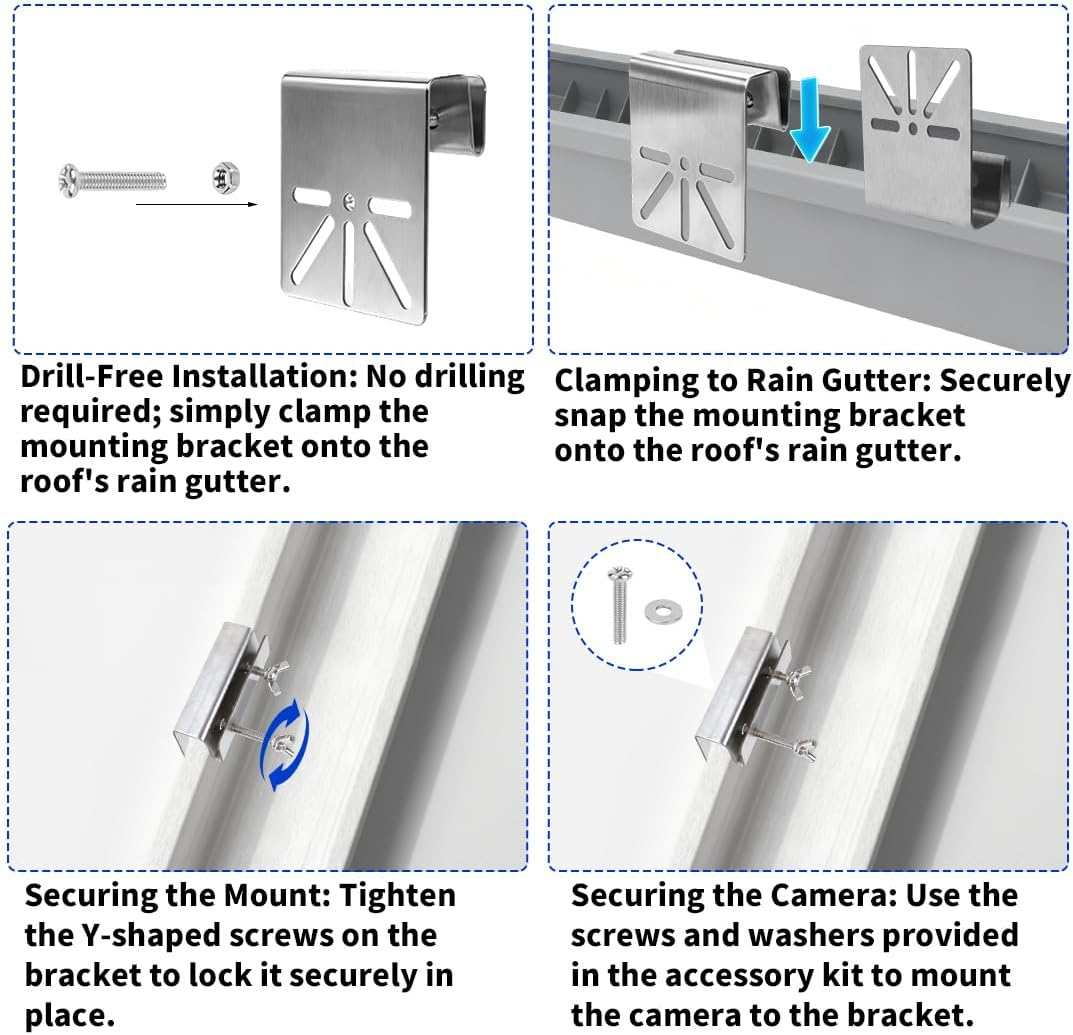 Universal Gutter Mount for Security Cameras, Durable Stainless Steel Surveillance Camera Mount No Drill Monitor Mounting Bracket with Screws Nuts & Washers