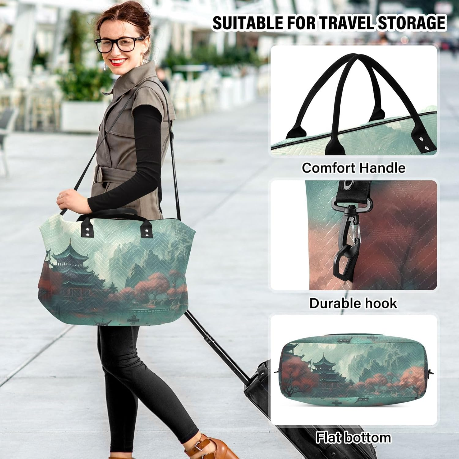 XYMZR Large Travel Duffel Bag, Building Chinese Style Sports Tote Gym Bag, Shoulder Weekender Overnight Bag for Women Men, Carry on Luggage with Toiletry Bags, Multi-Colored, Multi-Colored image number 5