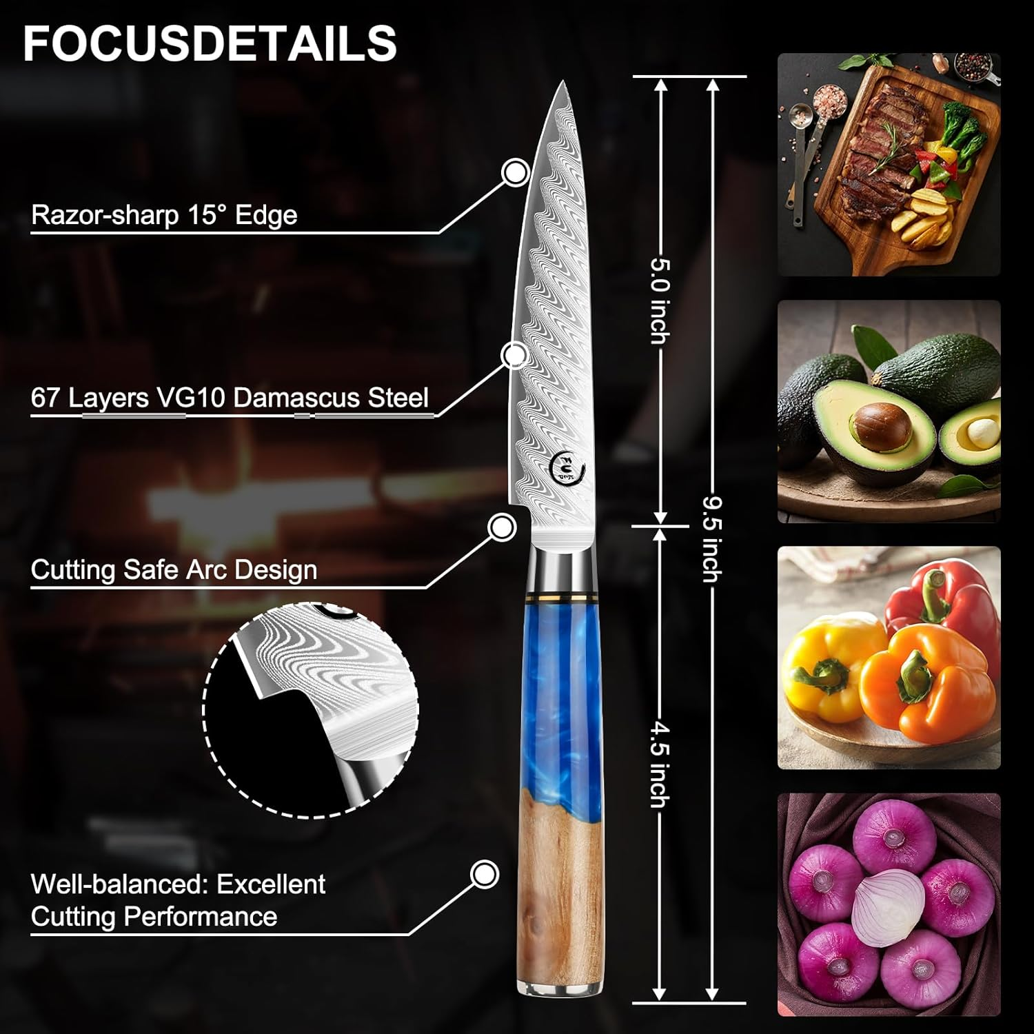 Kitchen Utility Knife 13Cm Sharp-Edged Paring Knife Damascus VG10 Blade Ergonomic Handle Double-Side Cutting Edge Full Tang Japanese Cutlery Cutting Small Knife image number 5