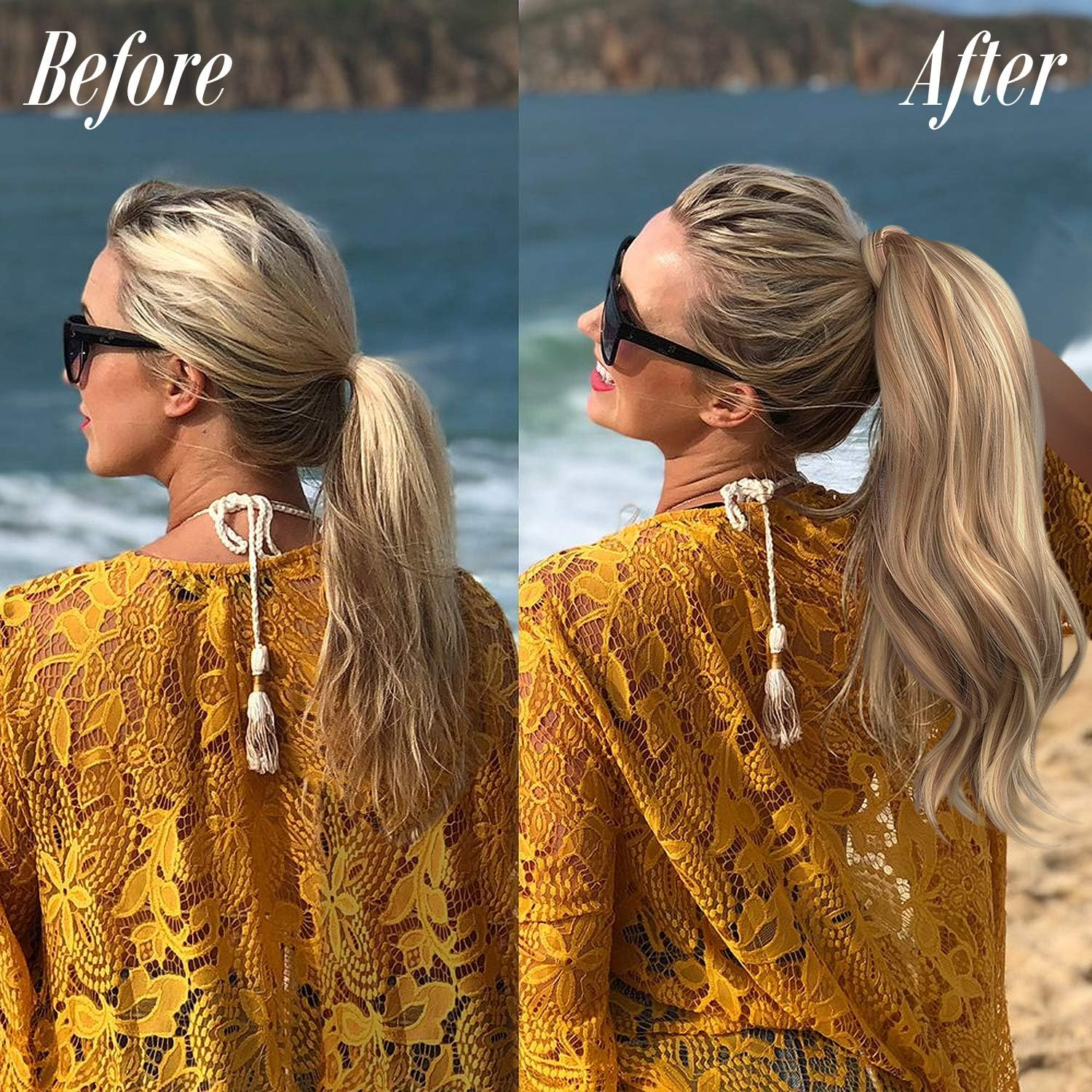 Sofeiyan Ponytail Hairpiece Curly Hair Extension Ponytail Extension Synthetic Natural Wavy Hairpiece Wrap around Pony Tail Hair Extensions 38 Cm Brown & Blonde image number 6