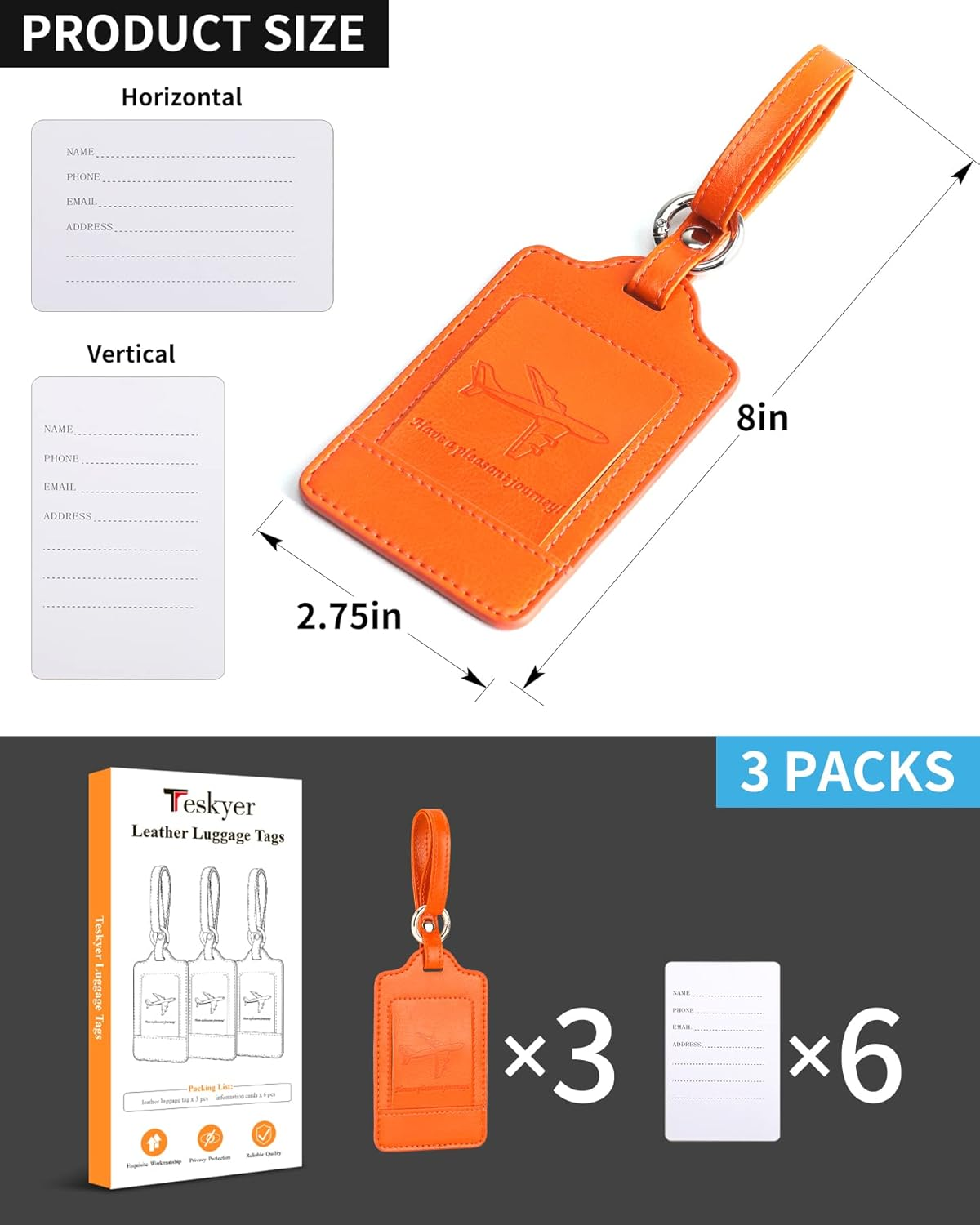 Teskyer Luggage Tags, 3 Pack Premium PU Leahter Luggage Tags Privacy Protection Travel Bag Labels Suitcase Tags image number 6