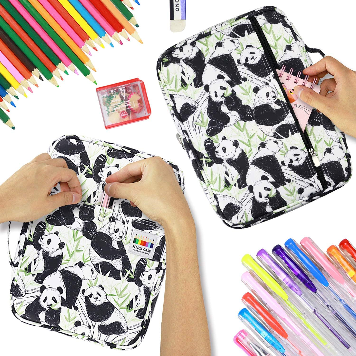 YOUSHARES Colored Pencil Case 220 Slots Pen Case Organizer with Handy Wrap & Zipper, Multilayer Holder for Prismacolor Colored Pencils & Gel Pen (Panda)