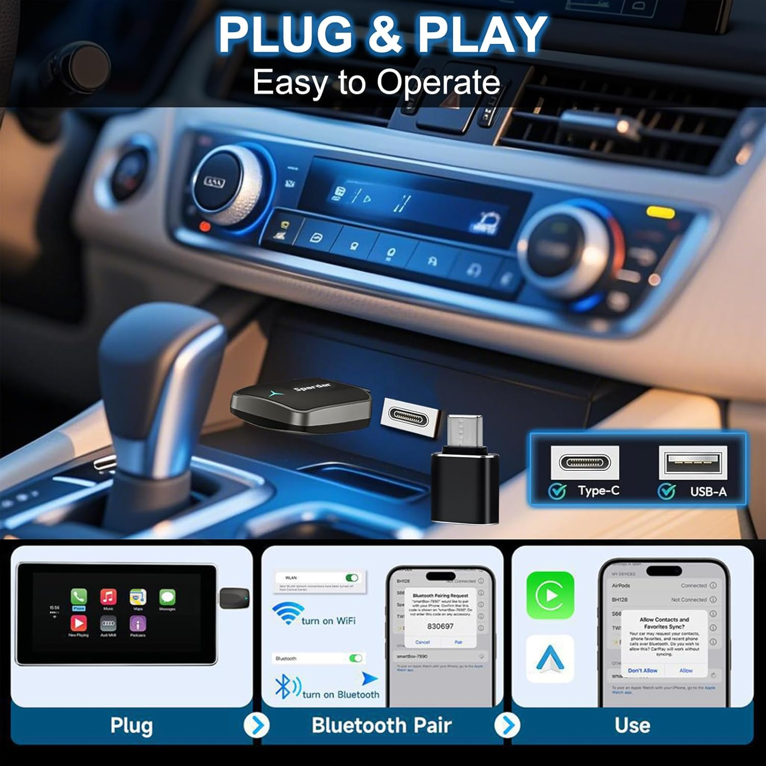 Spardar Car Play Wireless Adapter, 2-In-1 Wireless Carplay for Iphone & Android, Plug & Play Wired to Wireless Converter with Dual Usb-A/Type-C Adapter image number 5