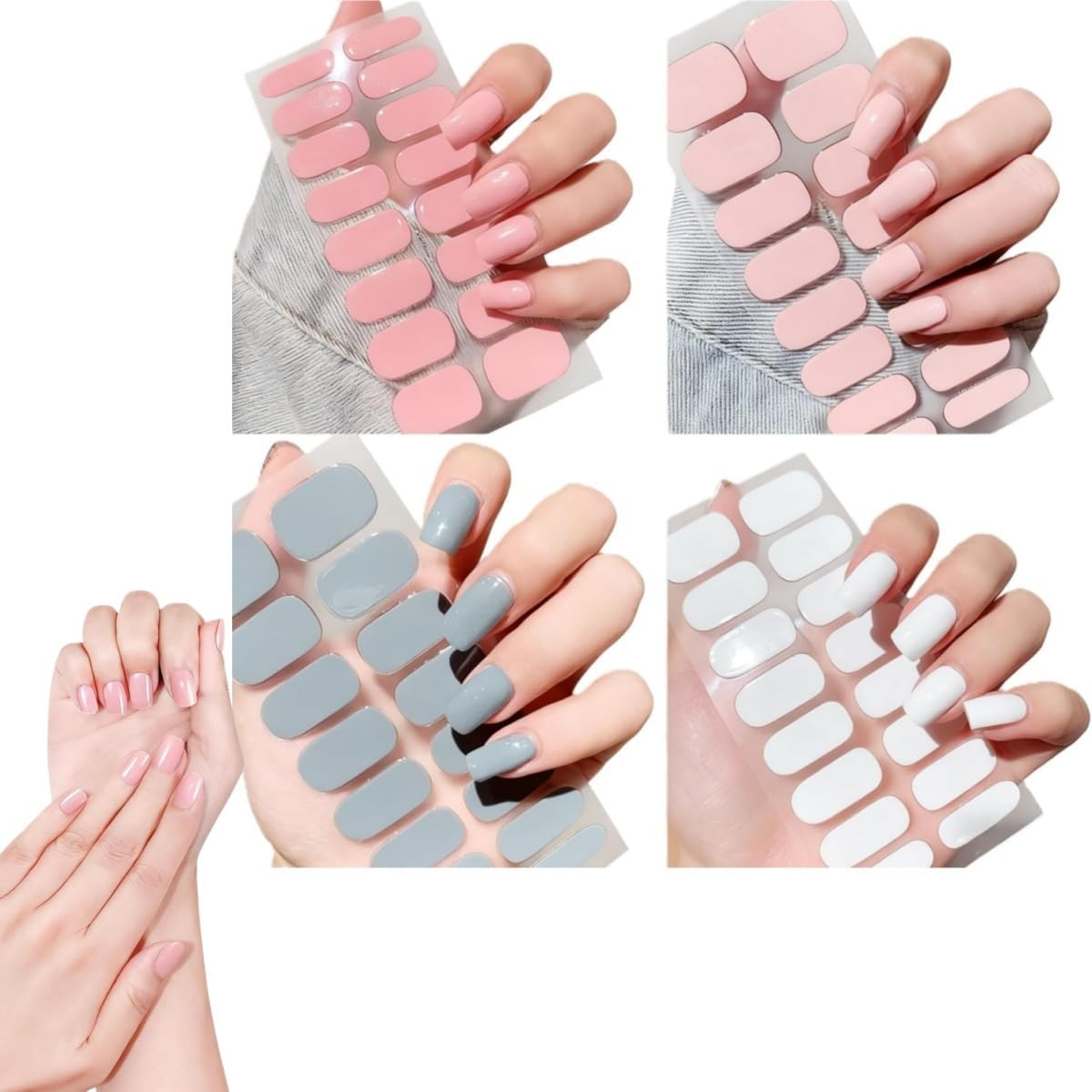 Hpessoterr 4Pcs Solid Solid Color Gradient Full Wrap Nail Polish Stickers,Diy Gel Nails Semi-Cured UV Nail Strips(64Pcs,Pink/Blue-Gray/Light Pink/White) image number 6